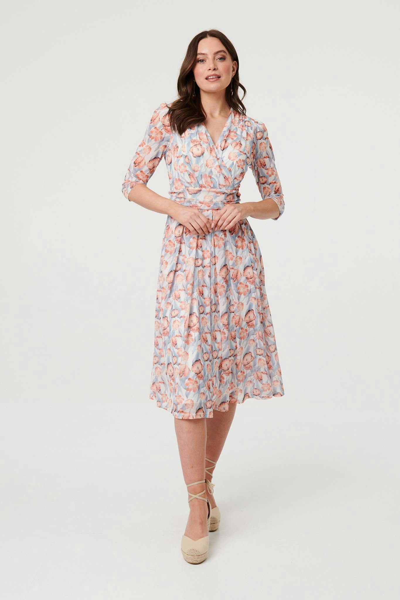 Izabel London Orange Floral 3/4 Sleeve Pleat Midi Wrap Dress - 18