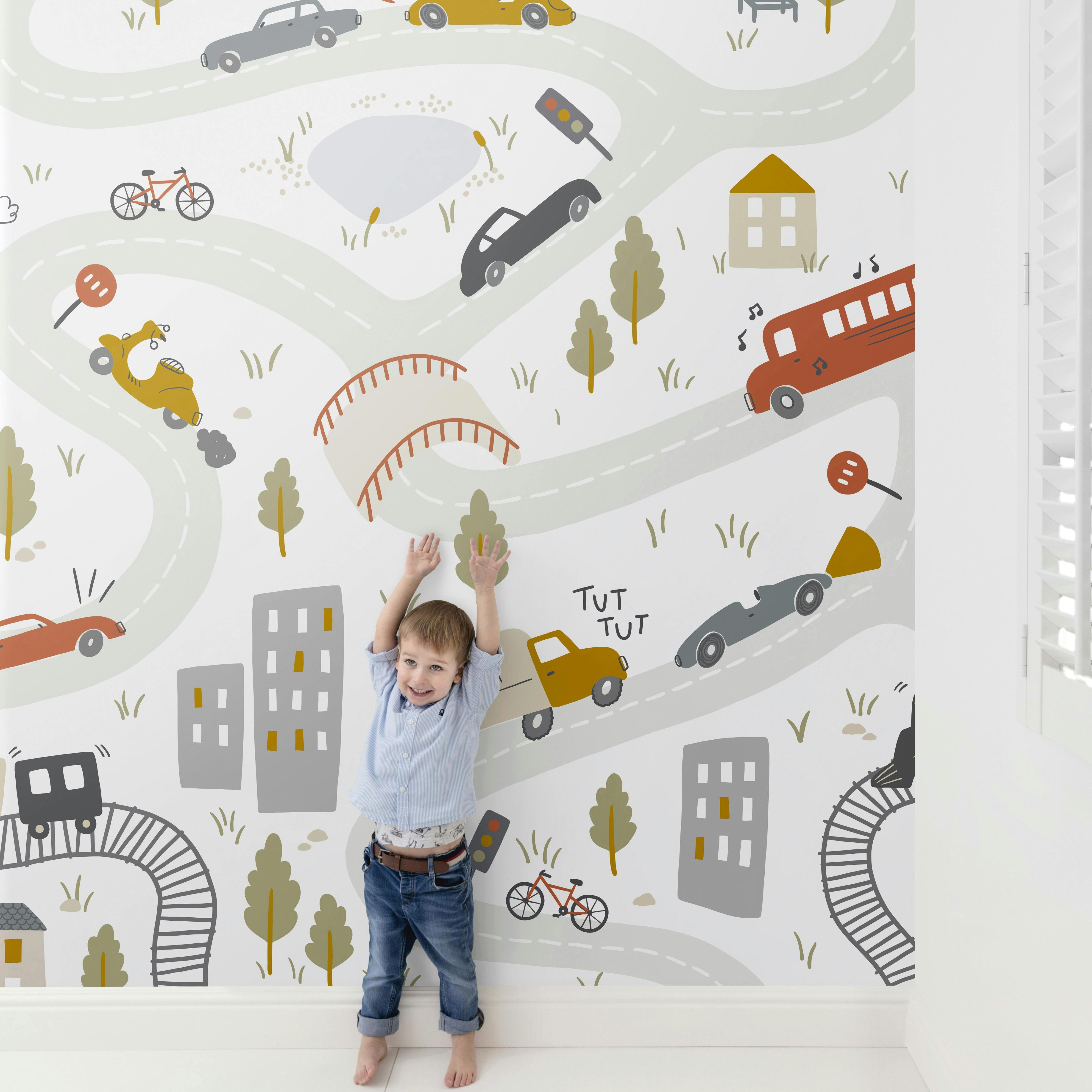 Roomblush Red/Grey Nursery Cars 6 Lane Repeatable Wallpaper Mural 300 X 285Cm,