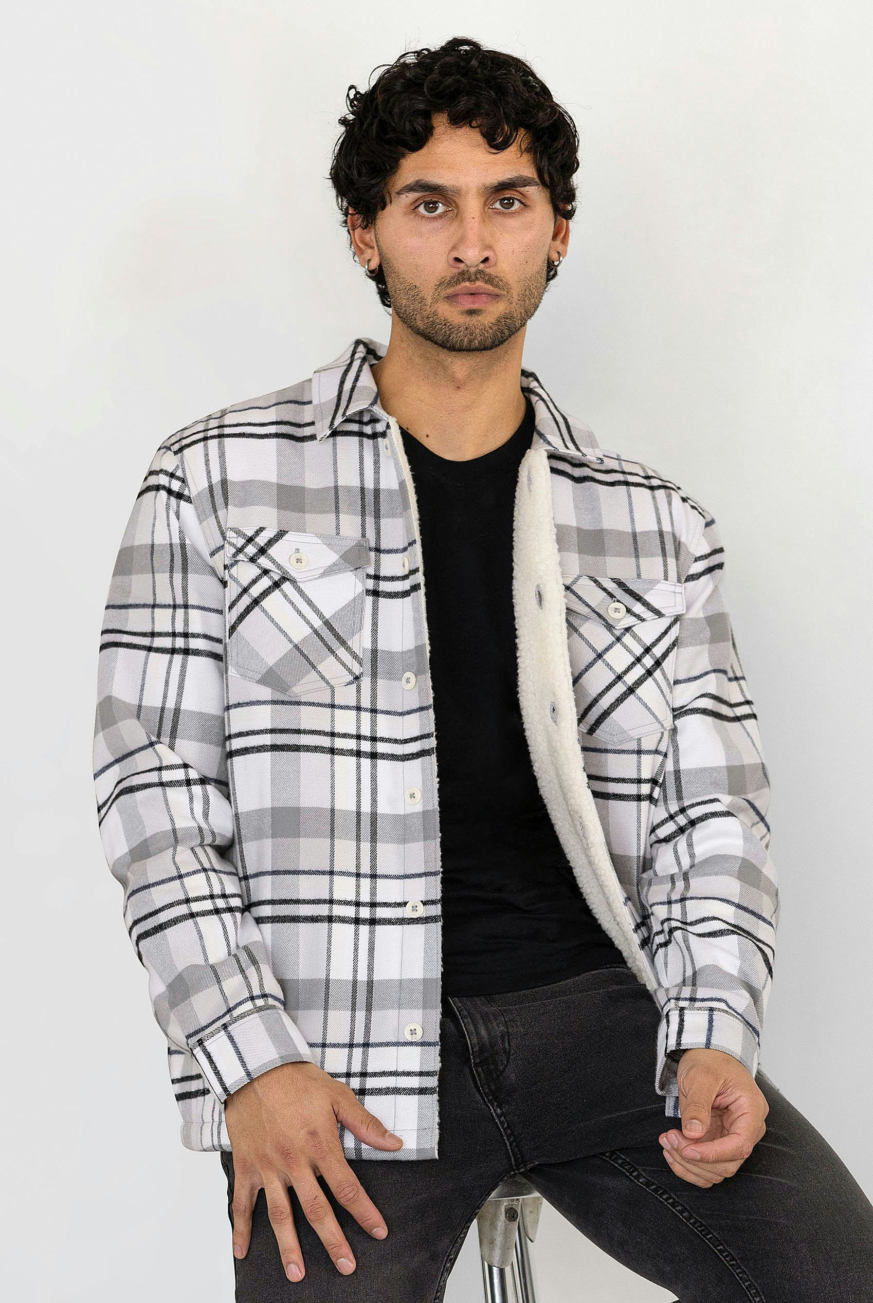 Enorsia White Borg Lined Plaid Check Shacket - M - 100% Cotton; Body & Sleeve Lining: 100% Polyester