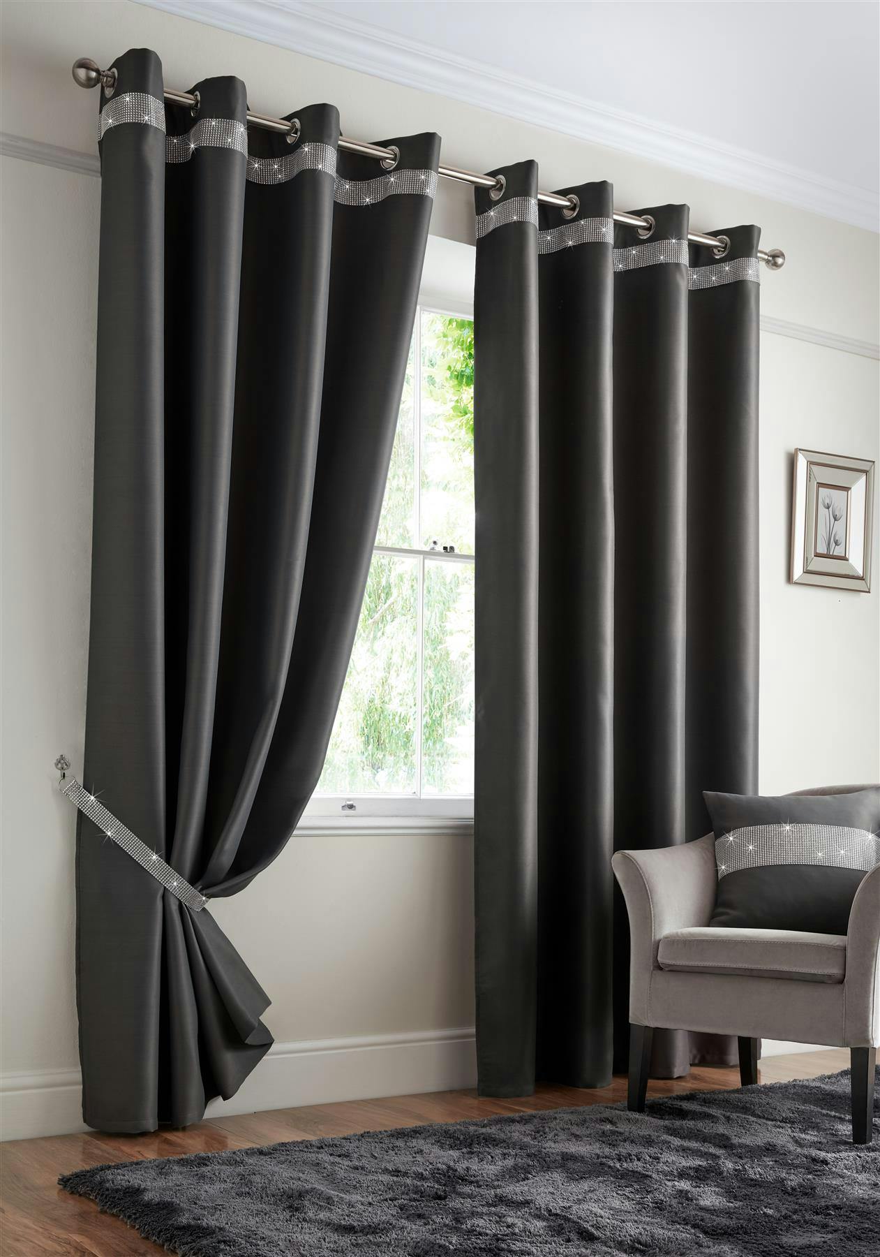 Rackhams Light/Black Palace Diamante Ring Top Blackout Curtains - Charcoal - 117Cm Width X 183Cm Drop