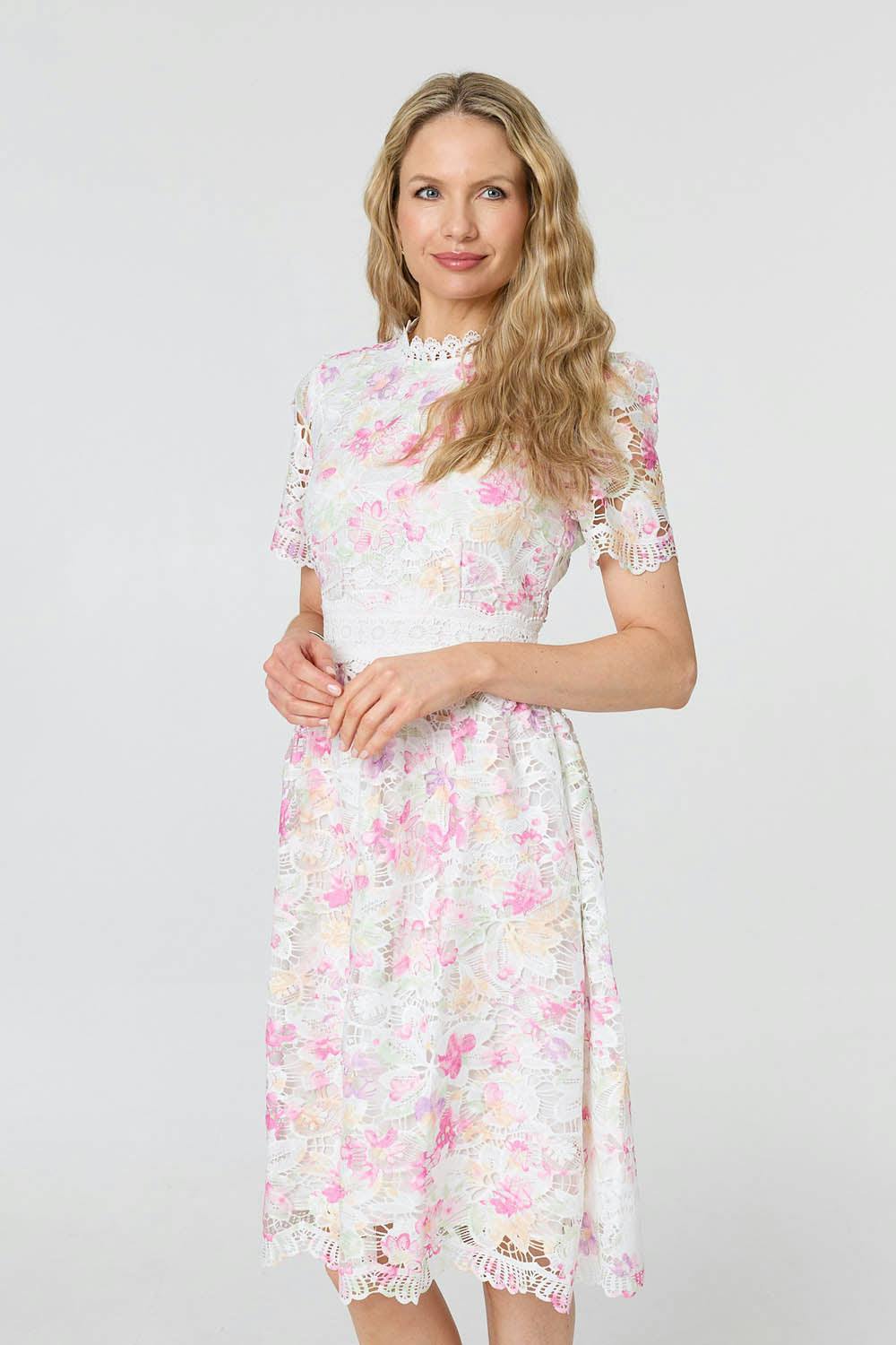 Izabel London Pink Lace Short Sleeve Knee Length Dress - 10