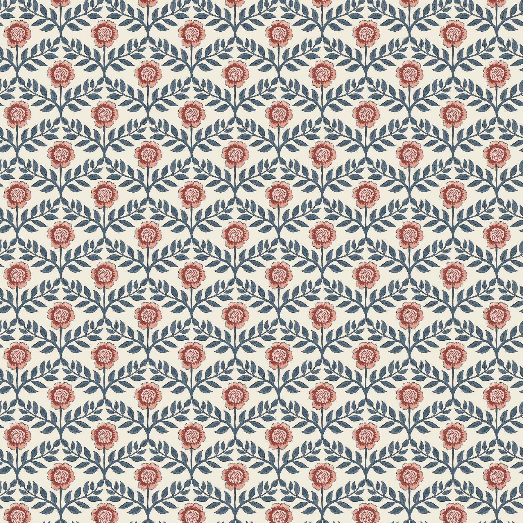 Rackhams Cream/Blue Stately Floral Print Wallpaper - 10M