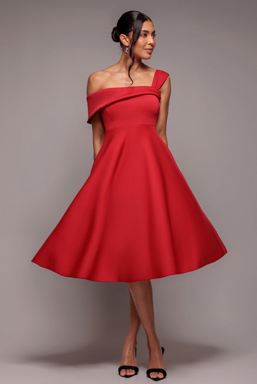 Goddiva Red One Shoulder A Line Midi Dress - By - 12