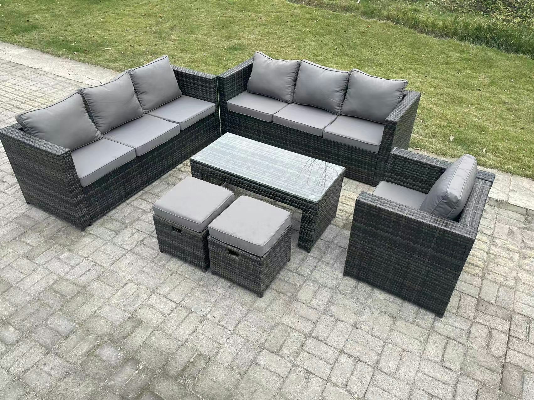 Rackhams Dark/Grey Outdoor Rattan Garden Furniture Lounge Sofa Set With Oblong Rectagular Coffee Table Arm Chair 2 Stools