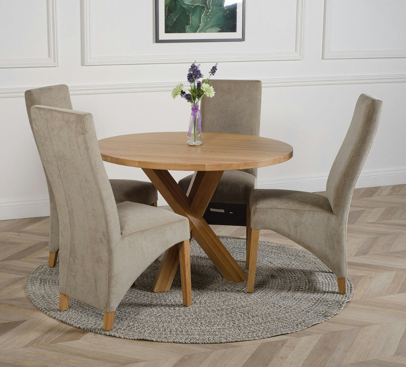 Rackhams Grey Oregon Round Oak Dining Table With Lola Fabric Chairs - 1 - 4 Chairs