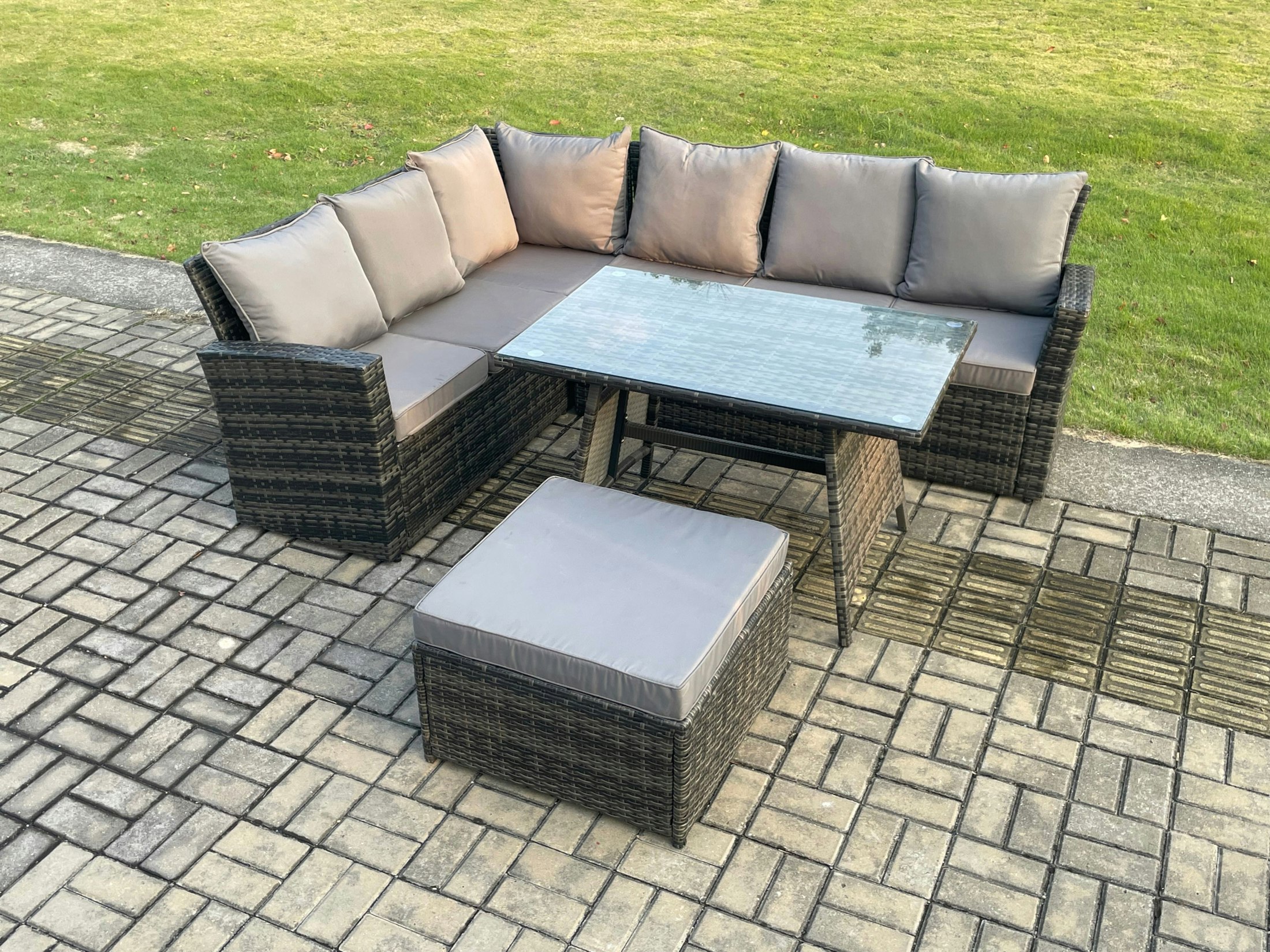 Rackhams Dark/Grey Outdoor Furniture Garden Dining Set Rattan Corner Sofa Set With Rectangular Dining Table Big Footstool Mixed