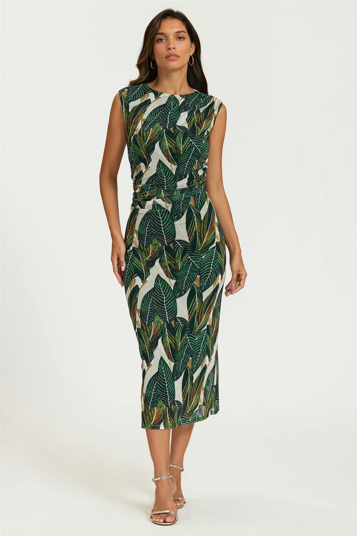 Fs Collection Green Leaf Print Mesh Maxi Dress In - Xs