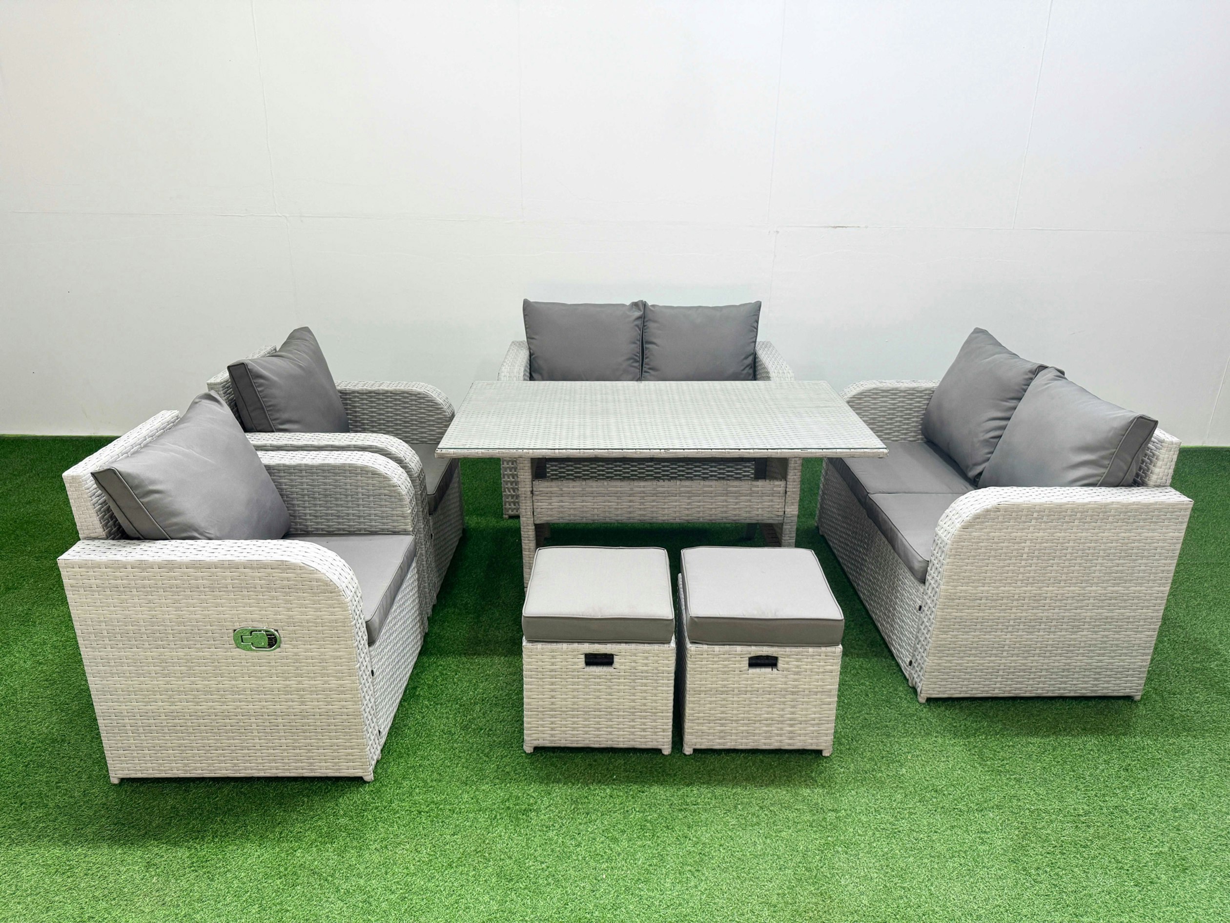 Fimous Light/Grey 8 Seater Outdoor Reclining Chair Love Sofa Set Rattan Garden Furniture Set With Rectangular Dining Table 2 Stools