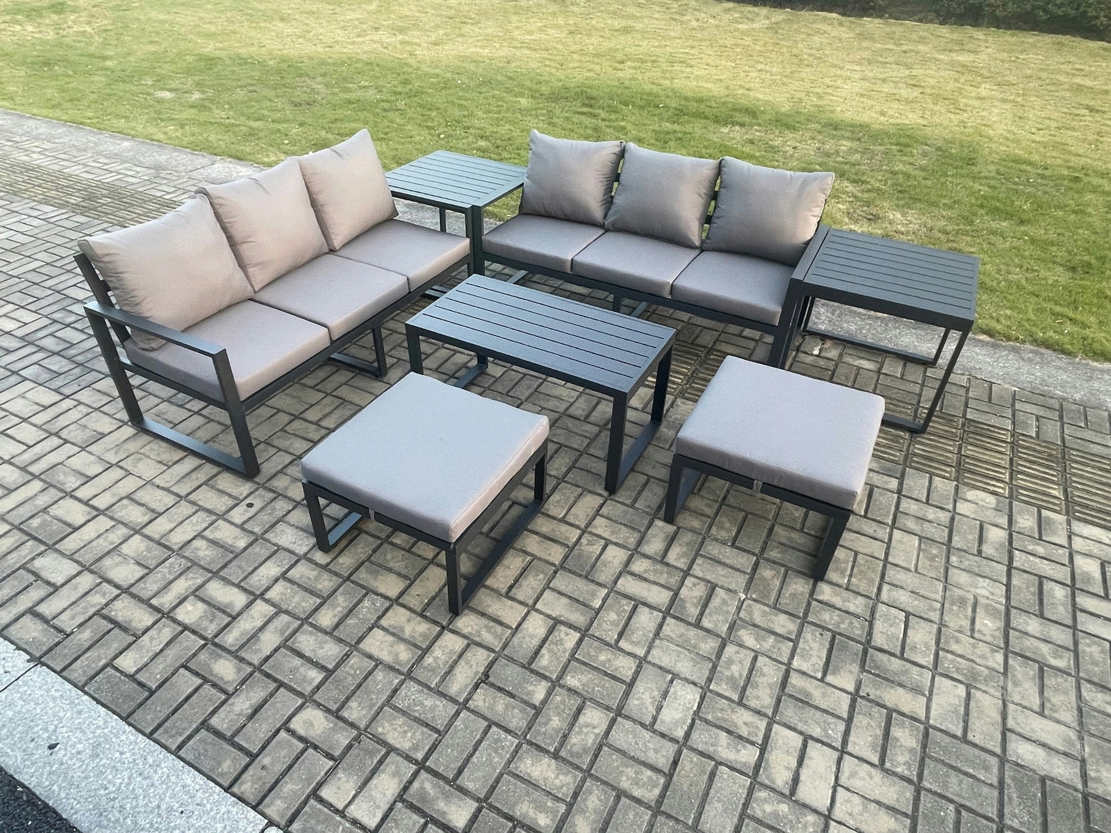 Fimous Dark/Grey Aluminium Patio Outdoor Garden Furniture Lounge Sofa Set With Oblong Coffee Table 2 Big Footstools 2 Side Tables