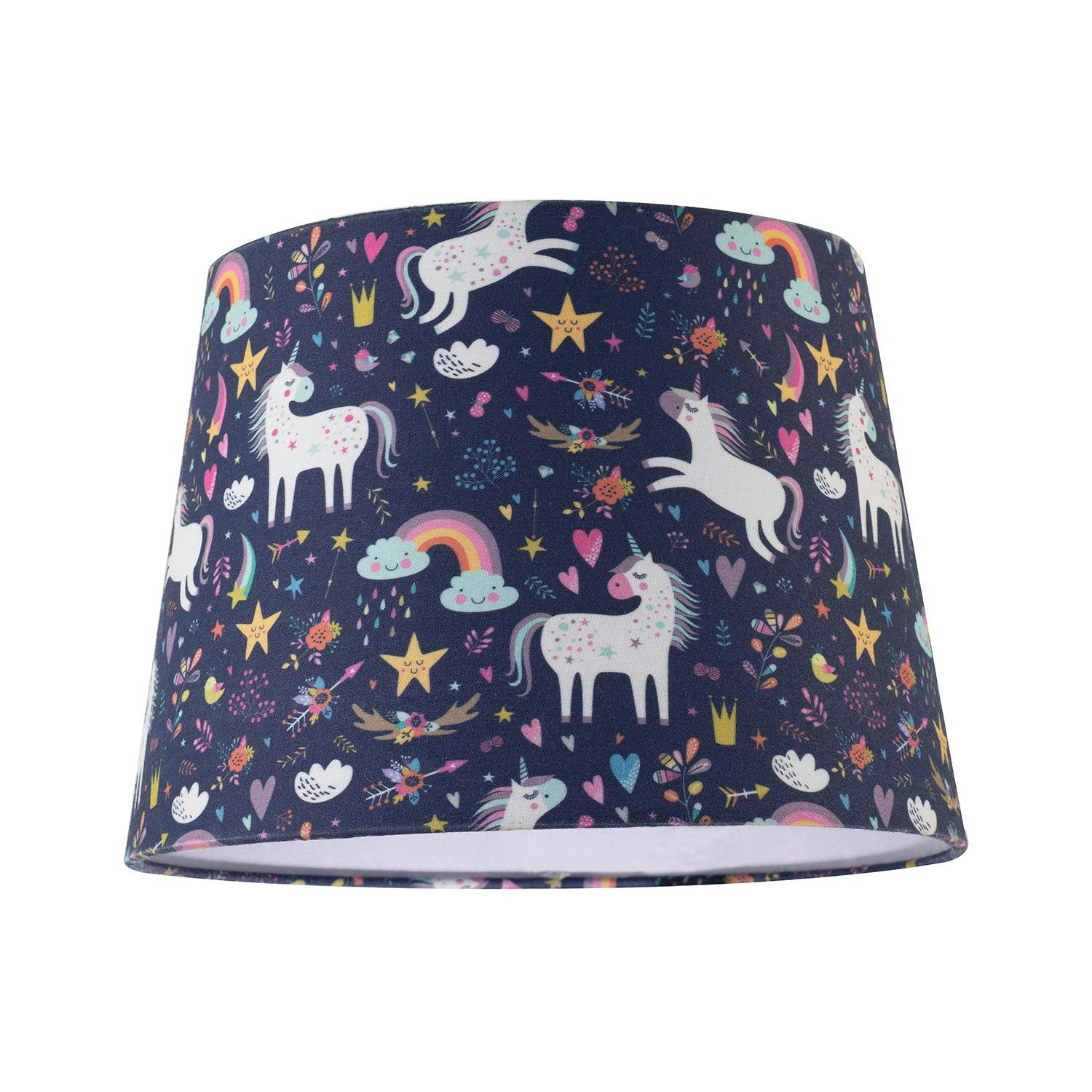 Happy Homewares Blue/White Unicorn Themed Childrens Lampshade With Rainbows And Colourful Flowers