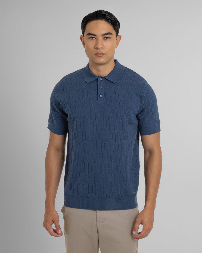 Steel & Jelly Blue Tarvin - Geo Texture Knitted Polo Shirt - S