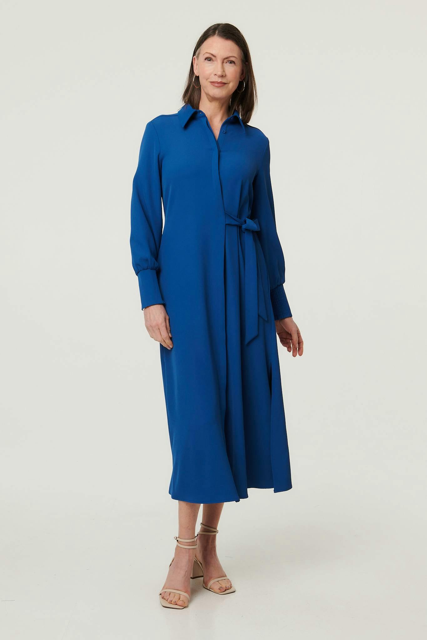 Izabel London Blue Tie Waist Long Sleeve Midi Shirt Dress - 14