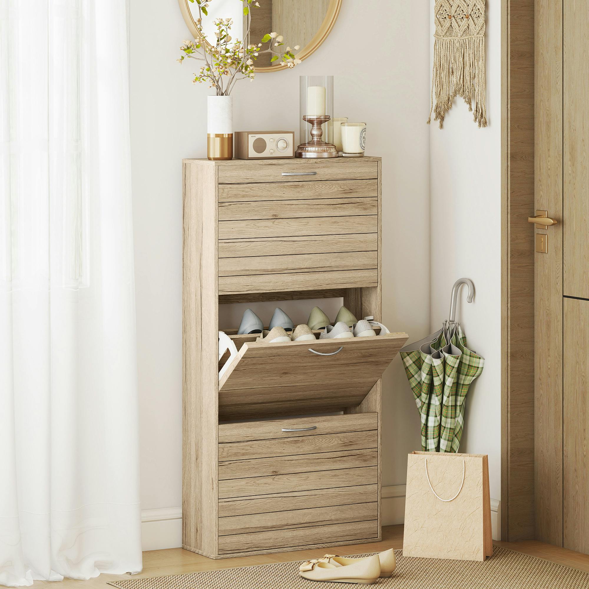 Rackhams Grain Slim Shoe Storage Cabinet With 3 Flip Drawers, Oak Wood - Oak