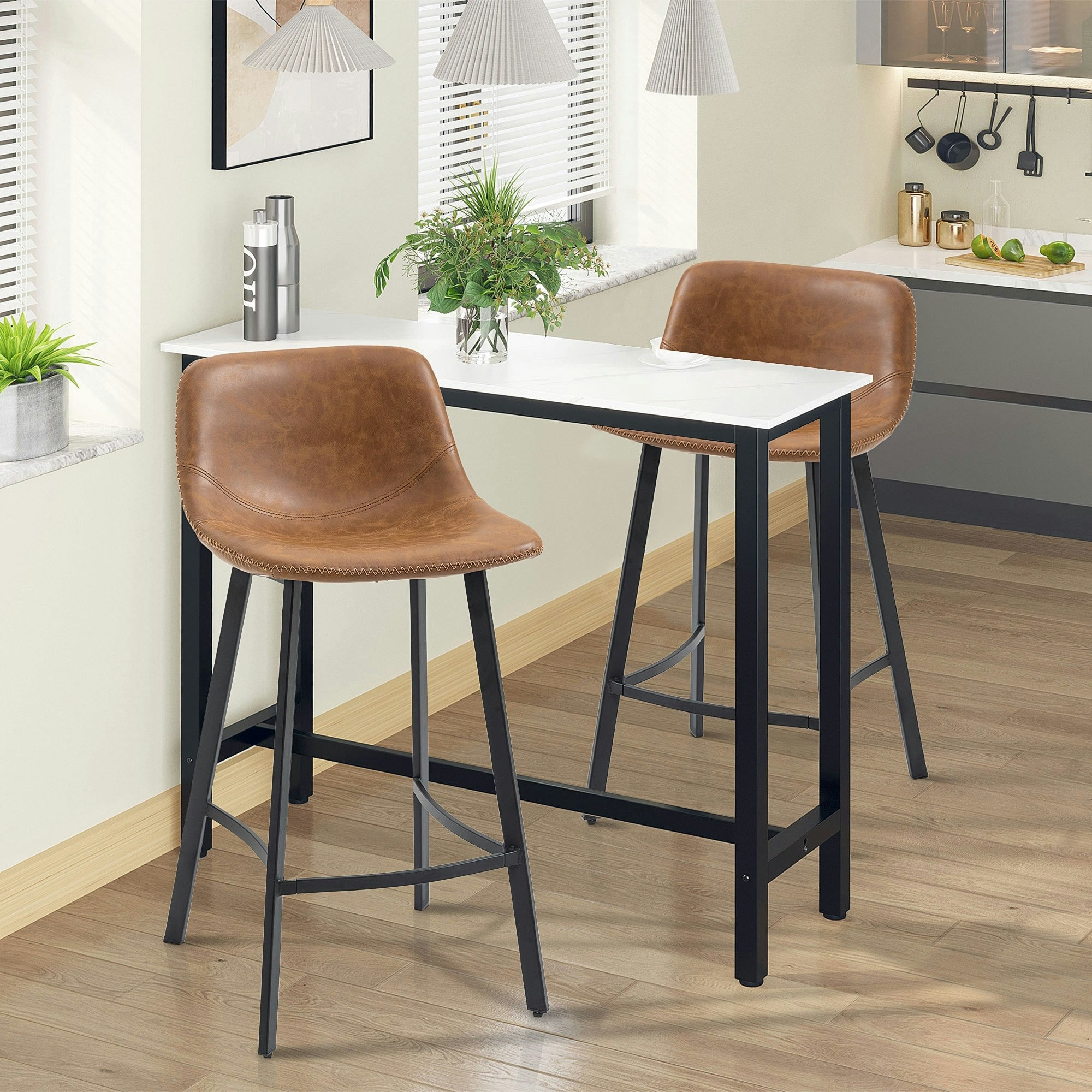 Rackhams Brown Industrial Bar Stools Set Of 2, Bar Chairs With Steel Legs,