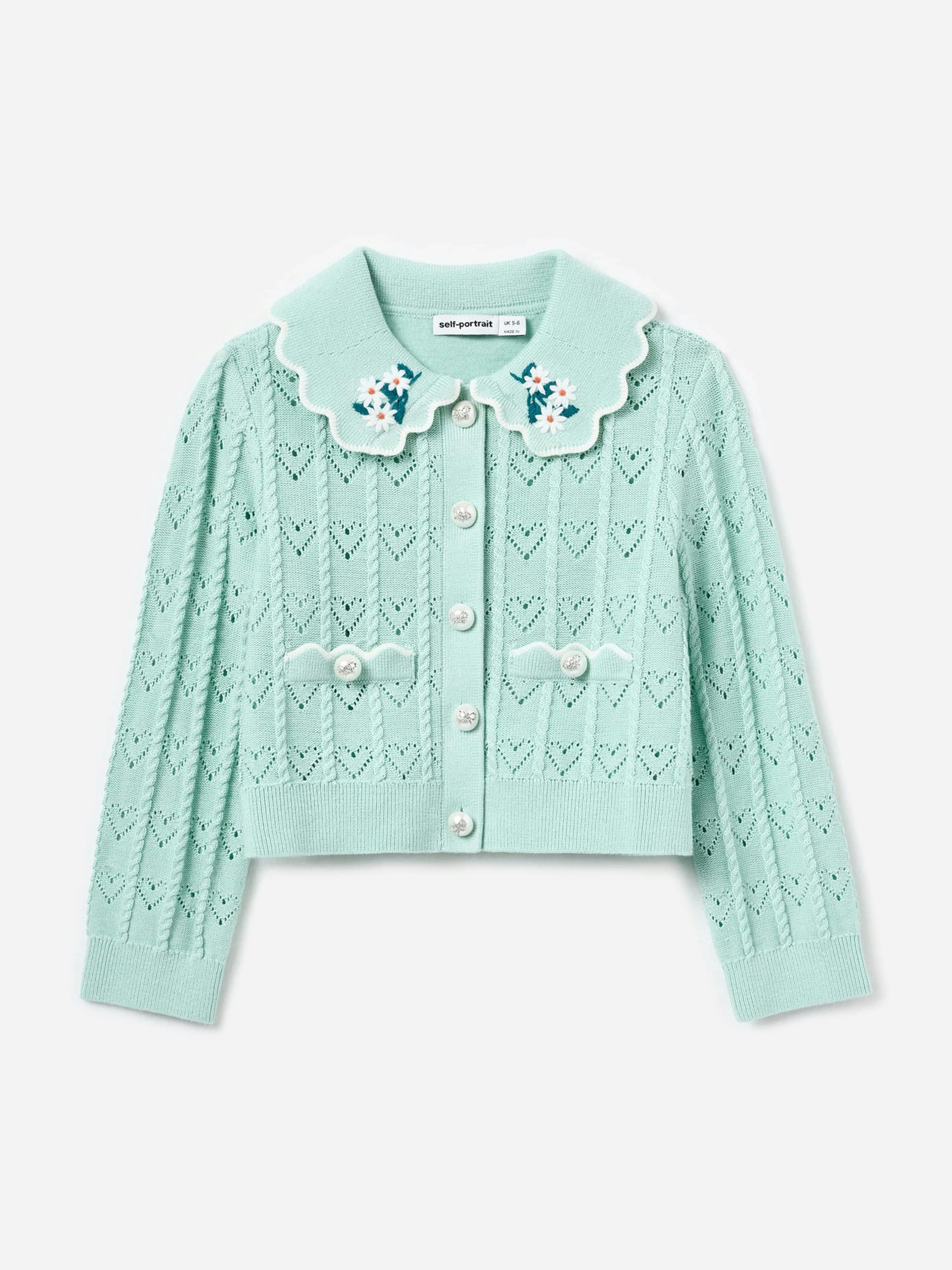 Self Portrait Girls Green Heart Knit Cardigan In - 5 - 6 Years