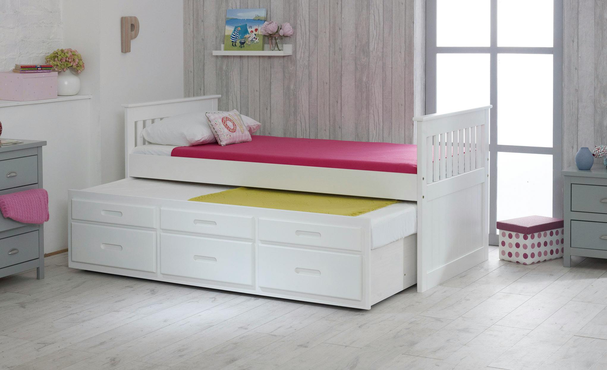 Rackhams White Captains Guest Bed With Pull Out Trundle And 3 Storage Drawers, Solid Pine, 3Ft Single, Or Waxed