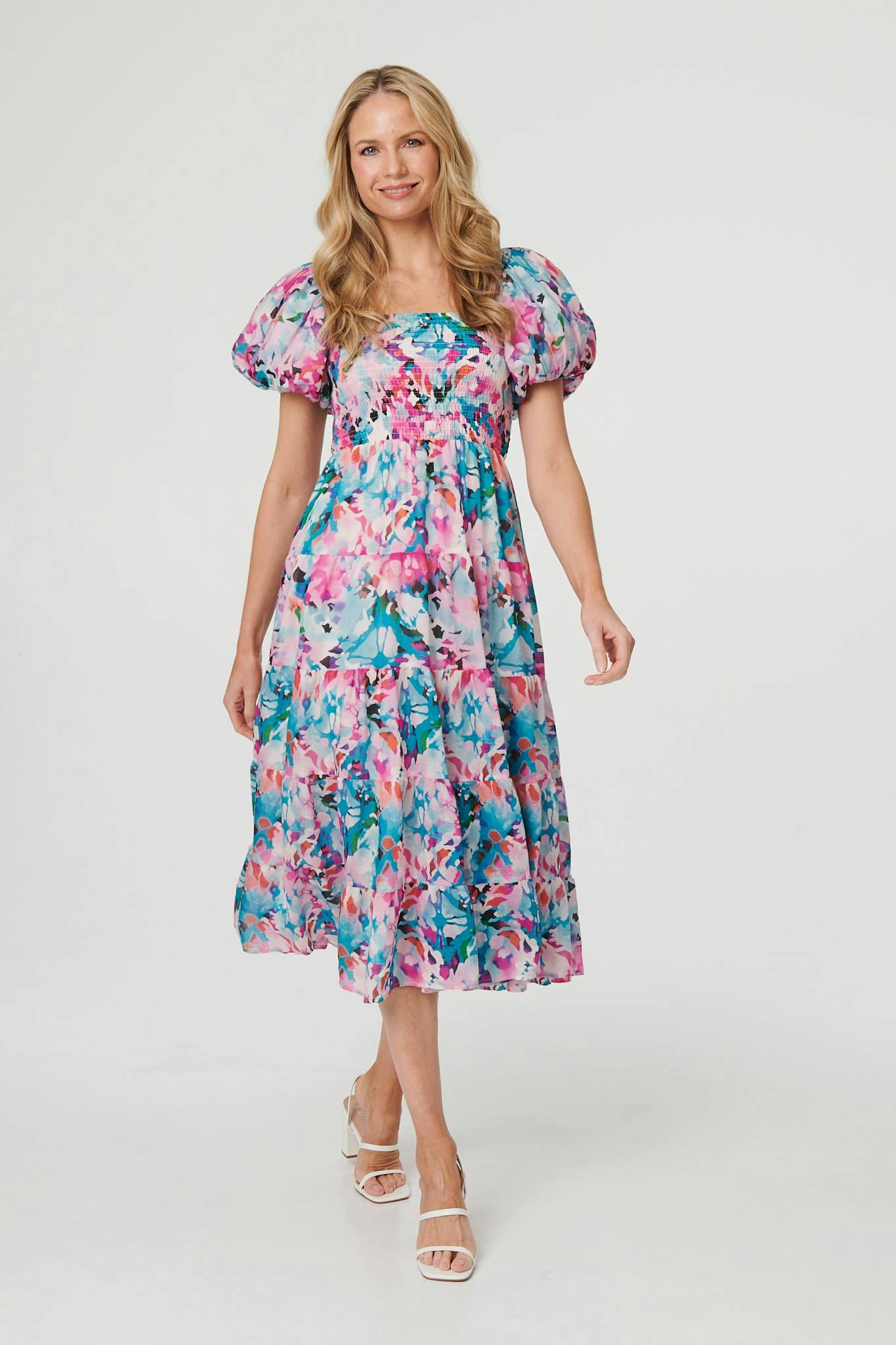 Izabel London Pink Abstract Puff Sleeve Shirred Midi Dress - 14