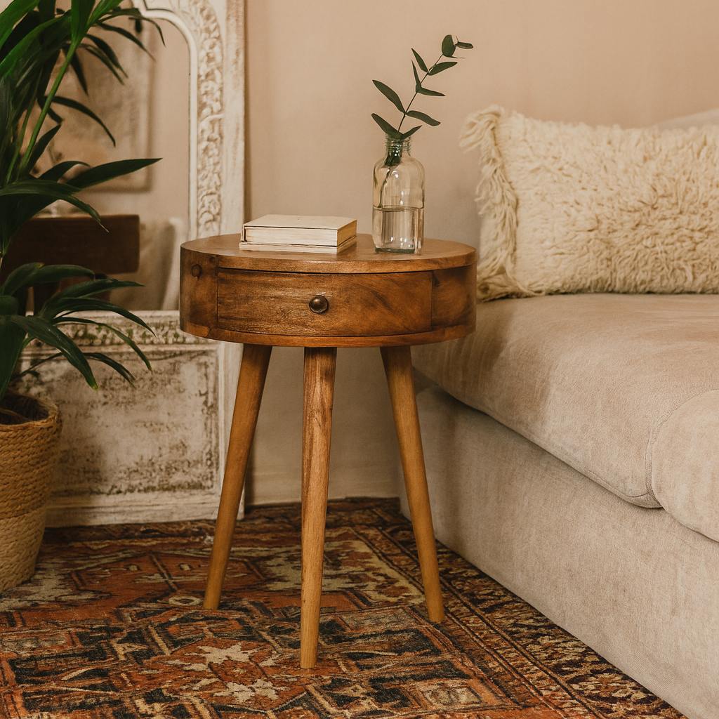 Wyld Haus Parma Mini Oak Mango Wood Circular Shape Bedside Table