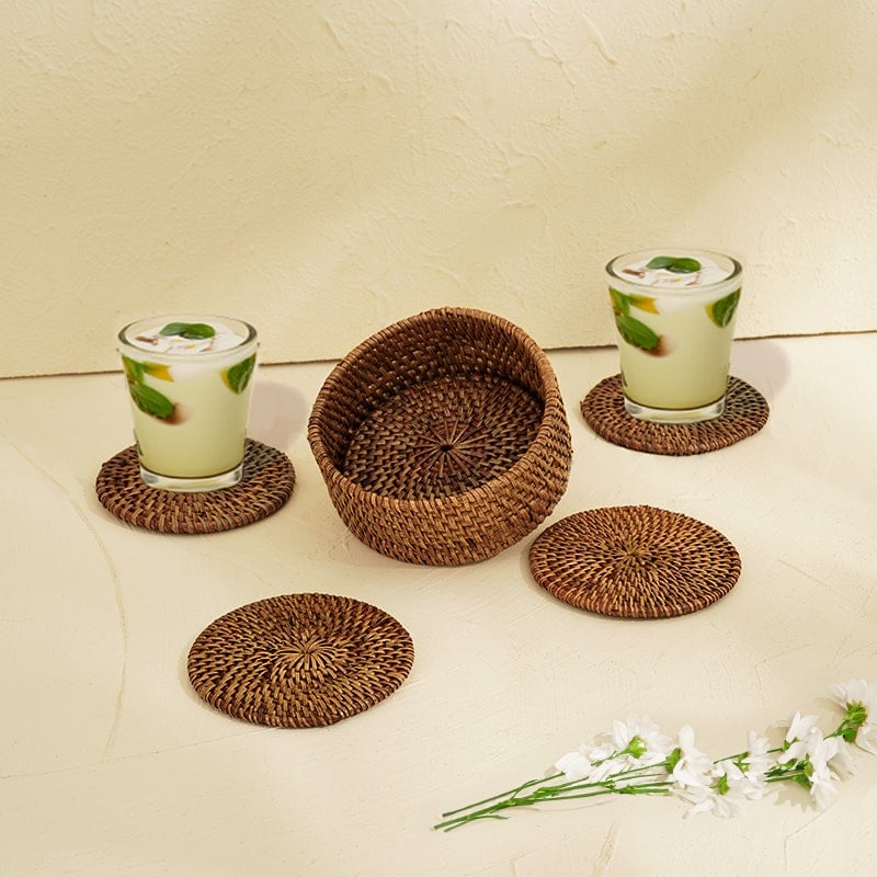 Rackhams Dark/Brown Round Rattan Coaster With Holder - Set 6