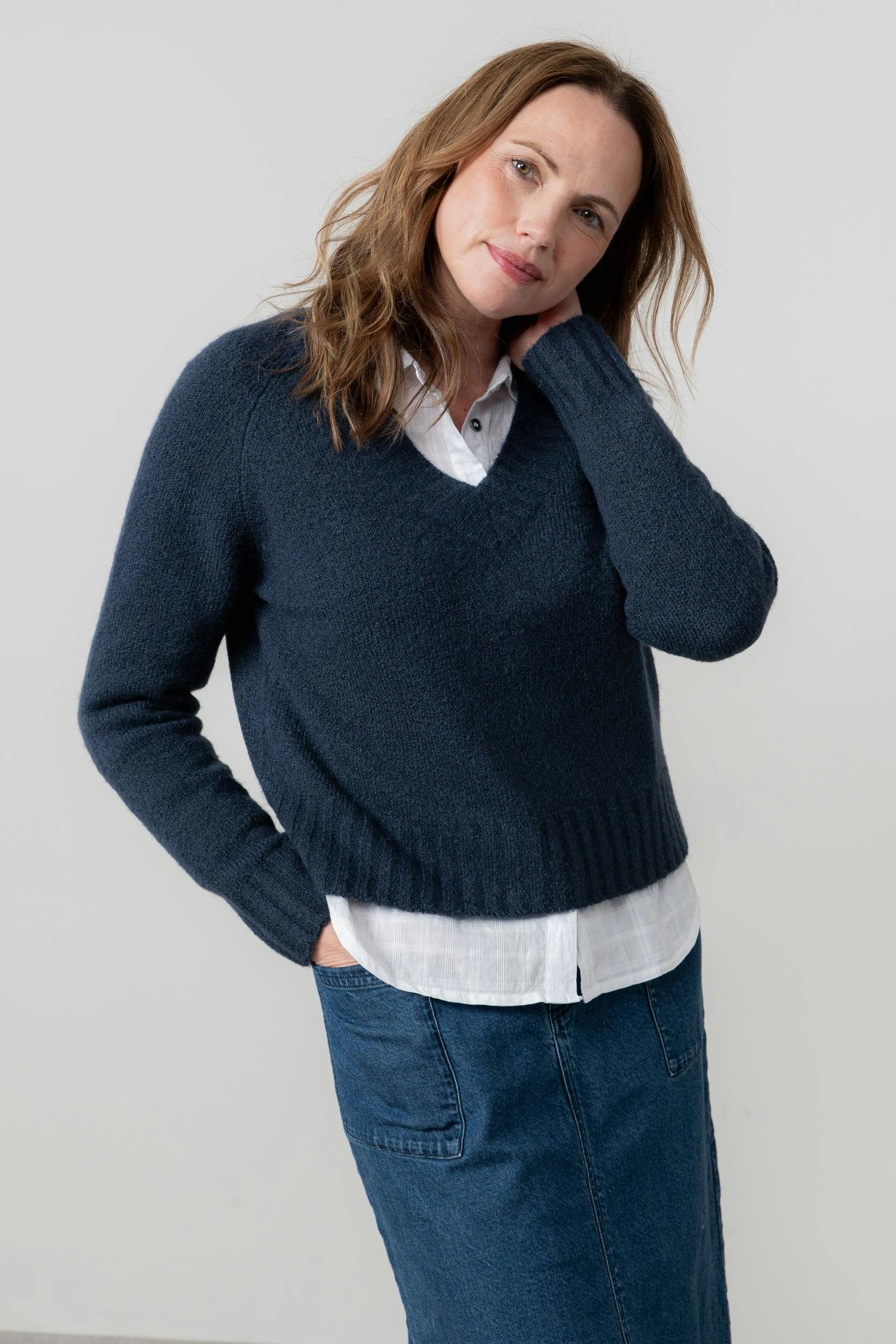 Lily & Me Woodchester V-Neck Boxy Knit Jumper Navy - 12 - Navy