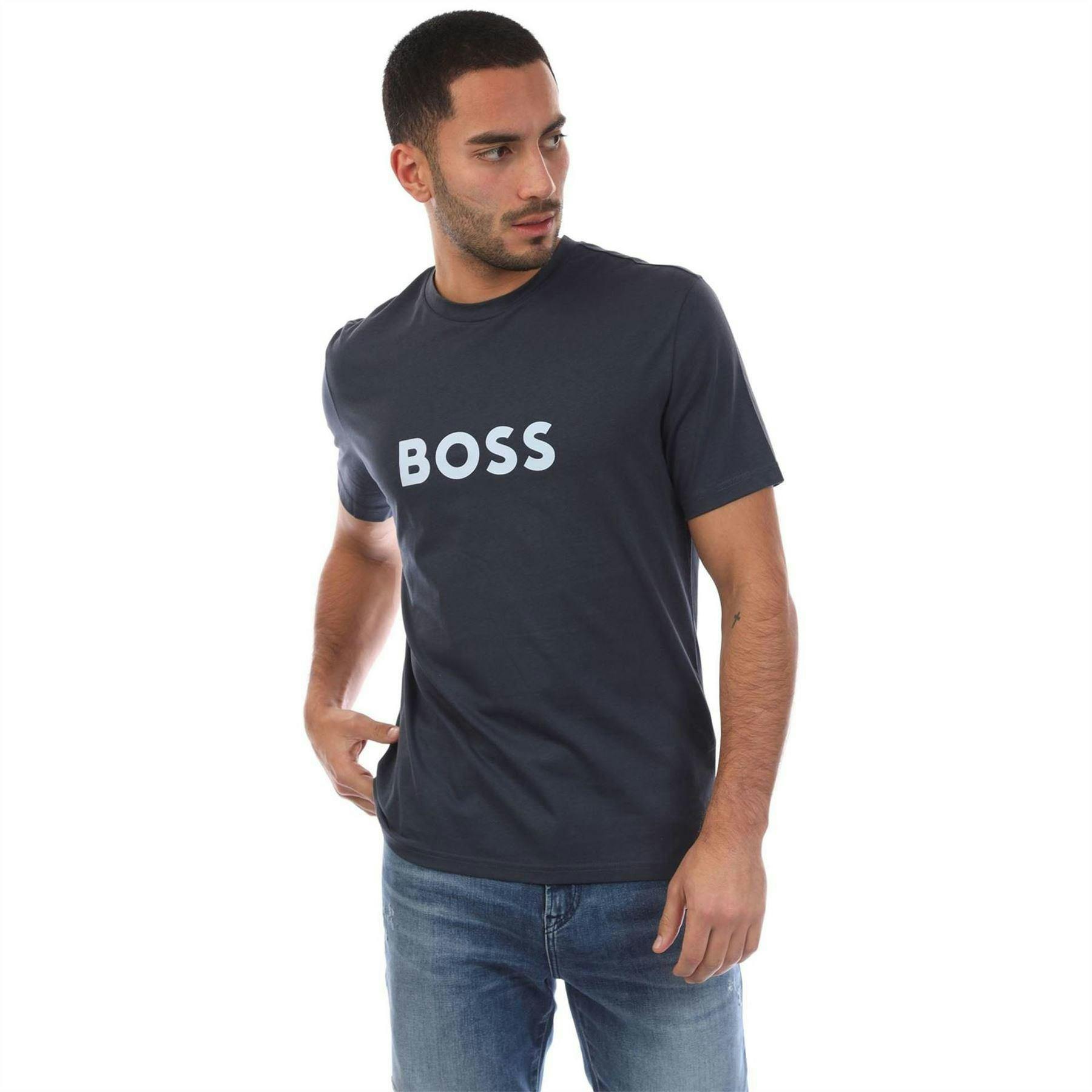 Boss Men's Logo Printed Cotton Regular T-Shirt - Navy - L - Navy - 100% Cotton