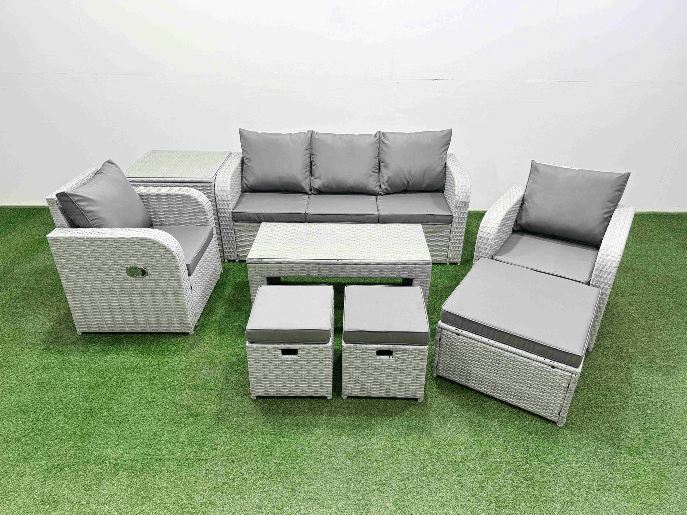 Fimous Light/Grey Pe Rattan Garden Furniture Set Reclining Chair Sofa Lounge Sofa Set Rectangular Coffee Table Side Table 3 Stools