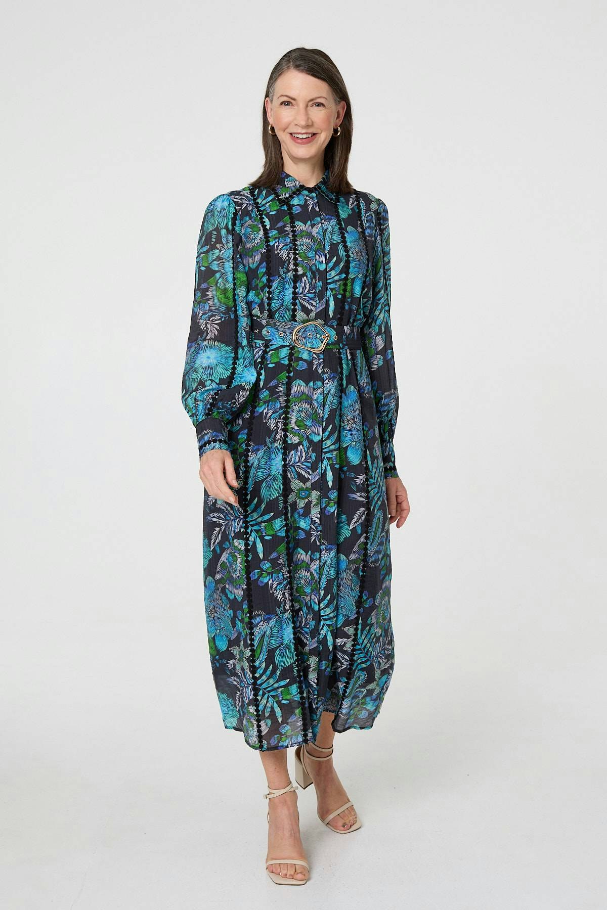 Izabel London Blue Printed Embellished Belted Maxi Dress - 16