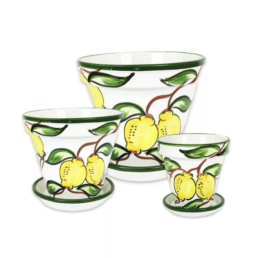 Verano Spanish Ceramics Classic Lemons Plant Pots - 3 X Classic Pots With Drainage Plates - Terracotta