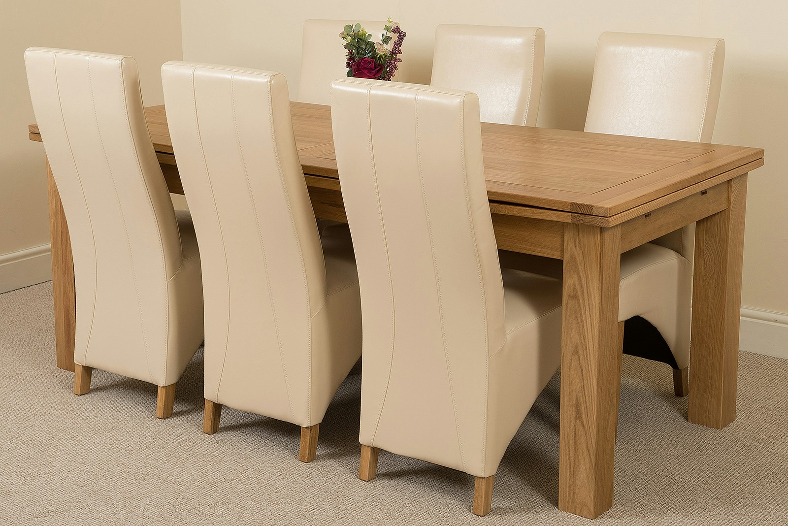 That's Furniture Ivory Richmond Large Oak Extending Dining Table With Lola Leather Chairs - 6 Chairs