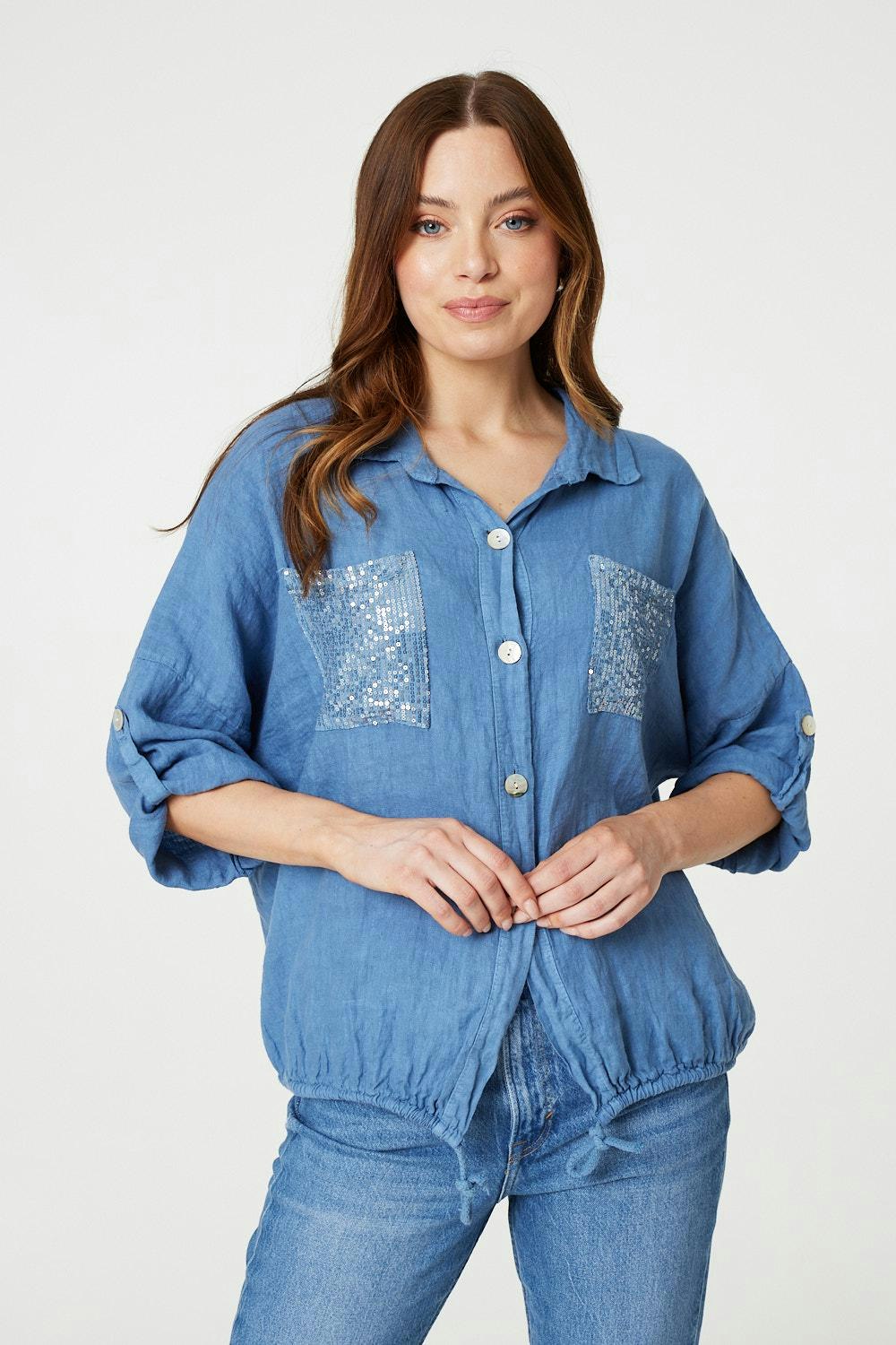 Izabel London Blue Sequin Detail 3/4 Turn-Up Sleeve Shirt - 8