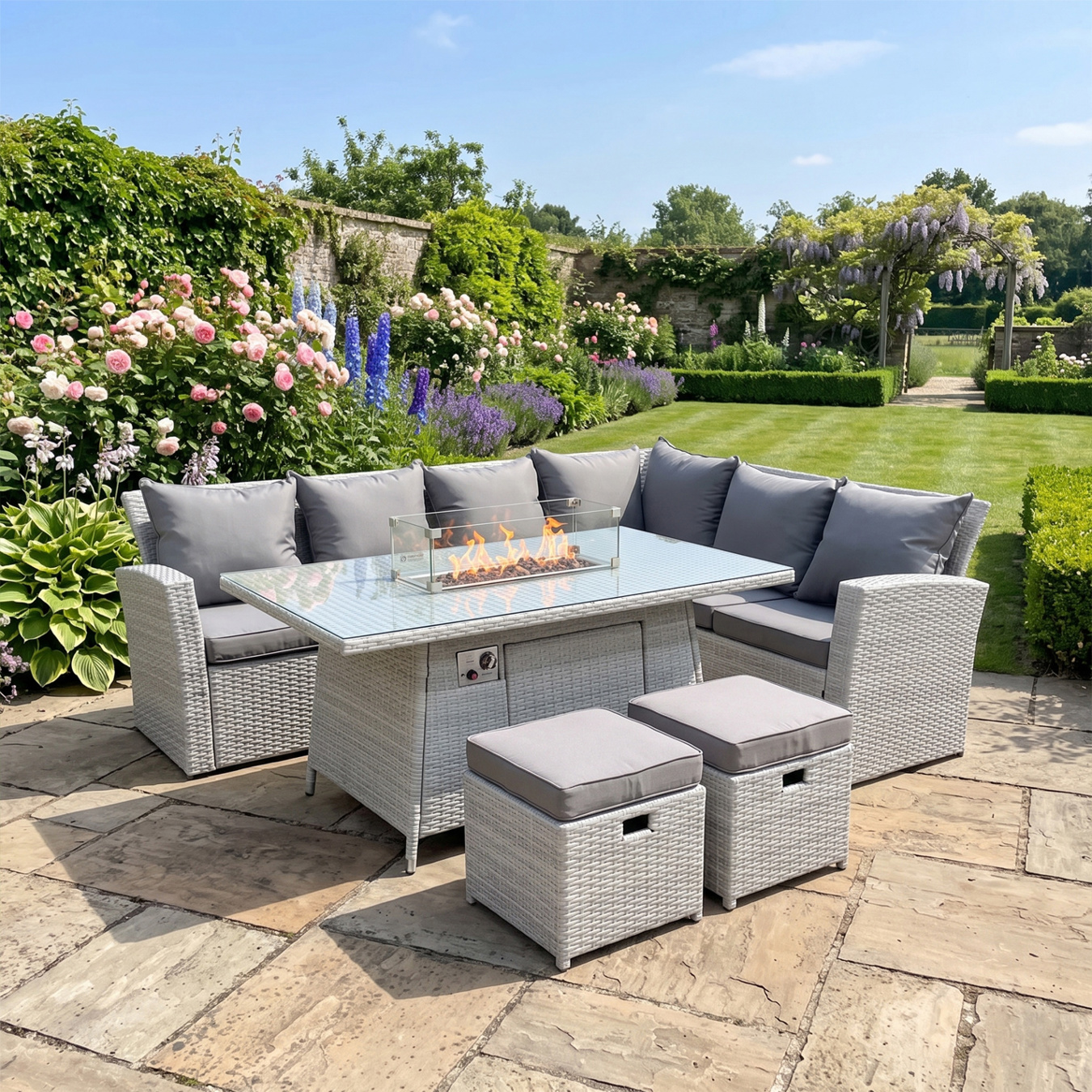 Fimous Light/Grey 8 Seat Rattan Garden Furniture Corner Sofa Set Outdoor Gas Fire Pit Table Set With 2 Small Footstools