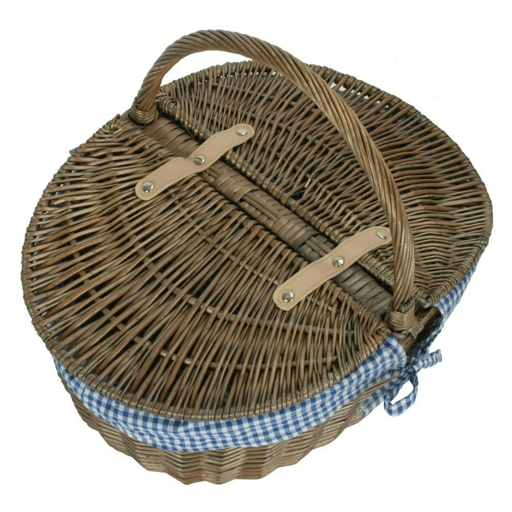 Rackhams Grey/Blue Wicker Antique Finish Oval Picnic Basket - Checked