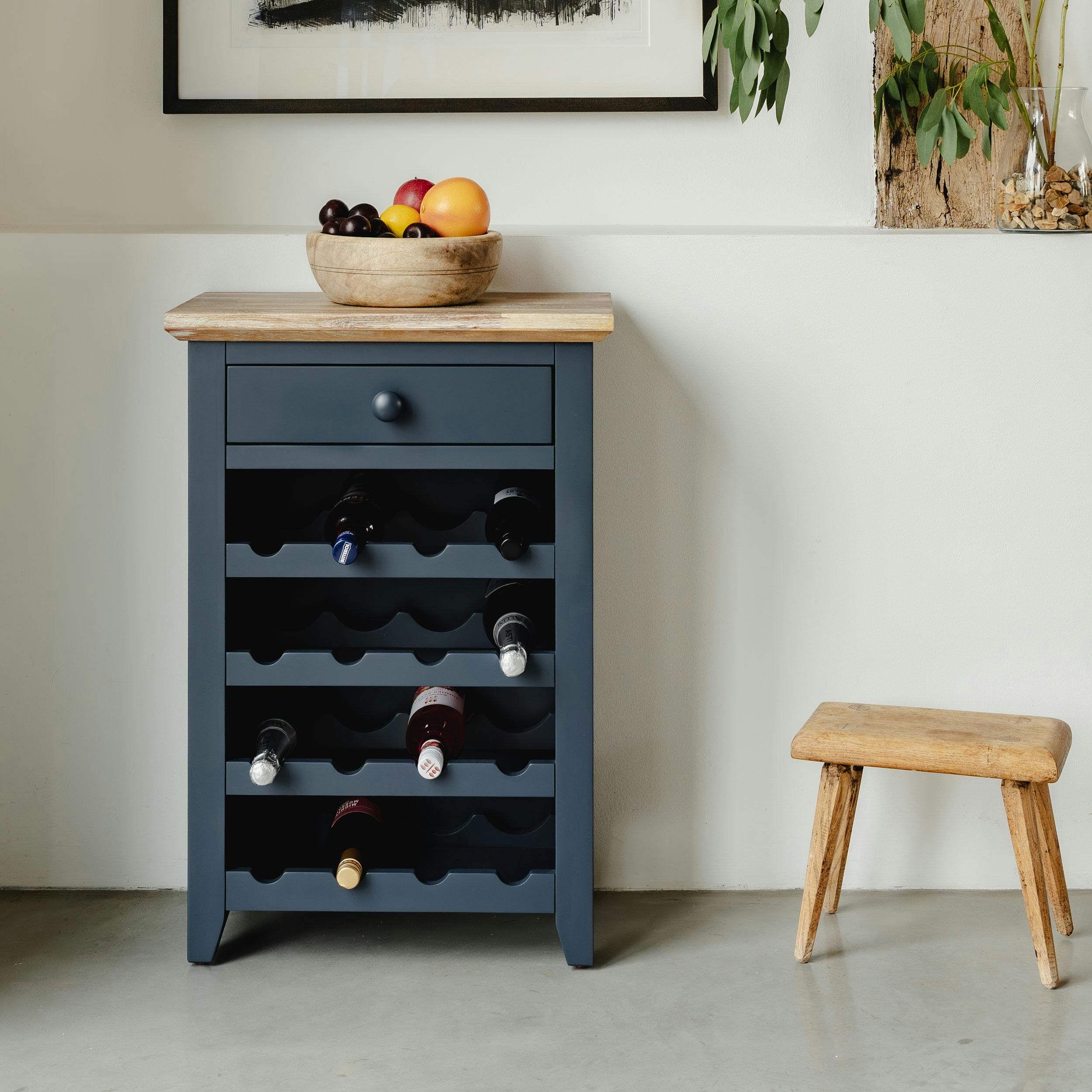 Rackhams Blue Florence Wine Rack With Drawer Wooden 16 Wine Bottle Storage Assembled - Navy