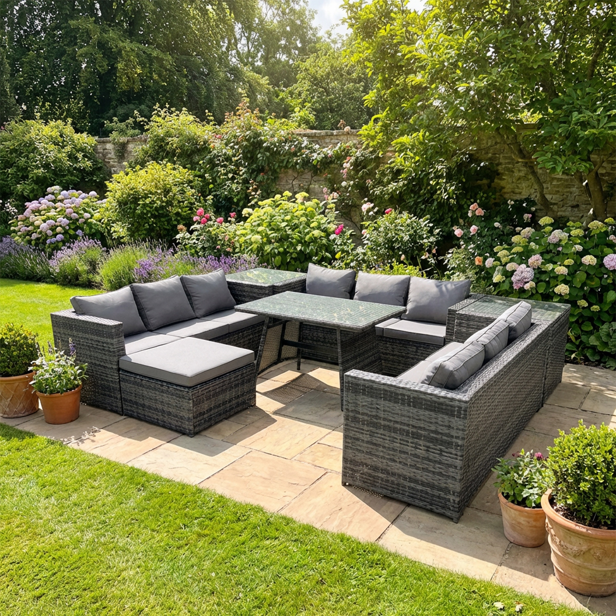 Fimous Dark/Grey Rattan 10 Seater Outdoor Garden Furniture Set With U Shape Sofa, Dining Table, 2 Side Tables & Footstool