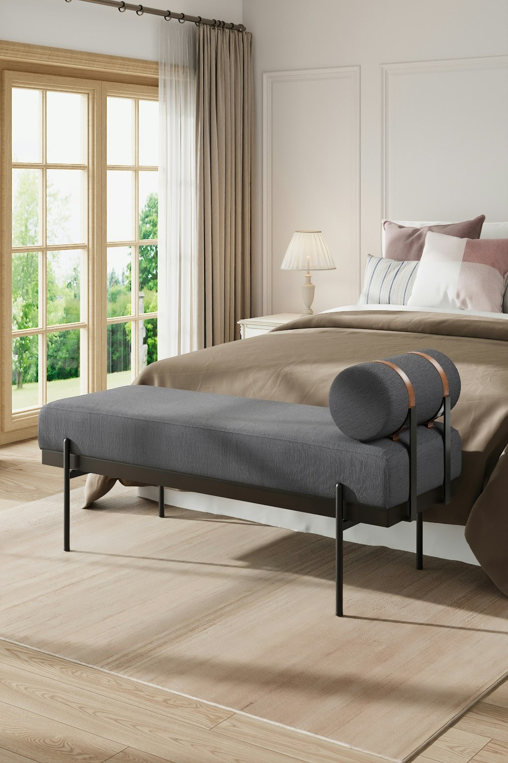 Living And Home Dark/Grey Upholstered Bench With A Removable Pillow
