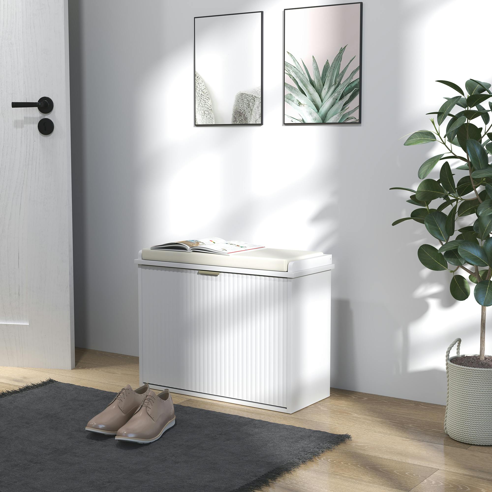 Rackhams Green/White/Beige Shoe Storage Bench With Cushion And Flip-Drawer 62X26x47.5cm - Mdf, Particleboard, Linen, Sponge - 1