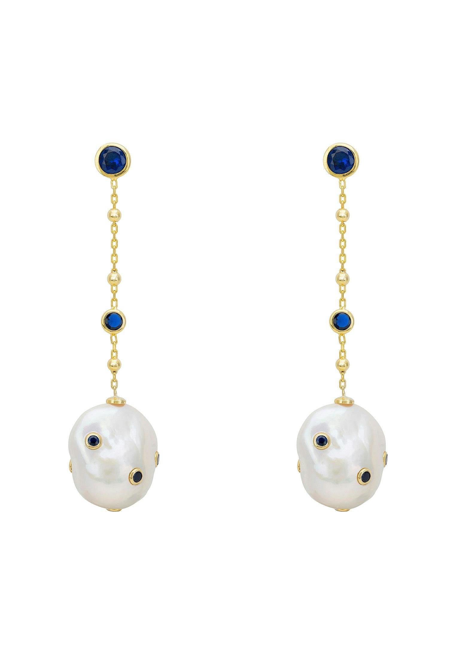 Latelita Gold Polka Dot Baroque Pearl Chain Drop Earrings Sapphire