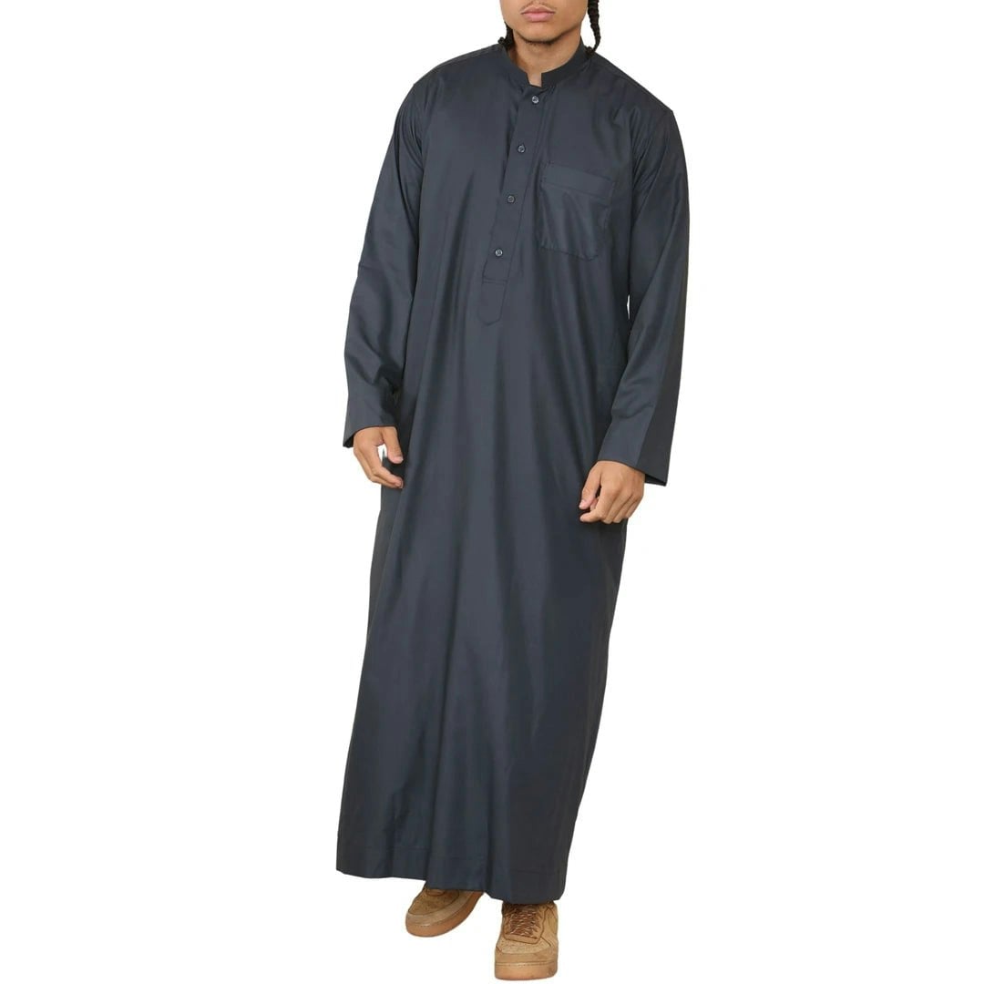 Thobez Men's Thobe Jubba Nehru Collar Islamic Clothing Muslim Kaftan Dress Robe - Charcoal - Large