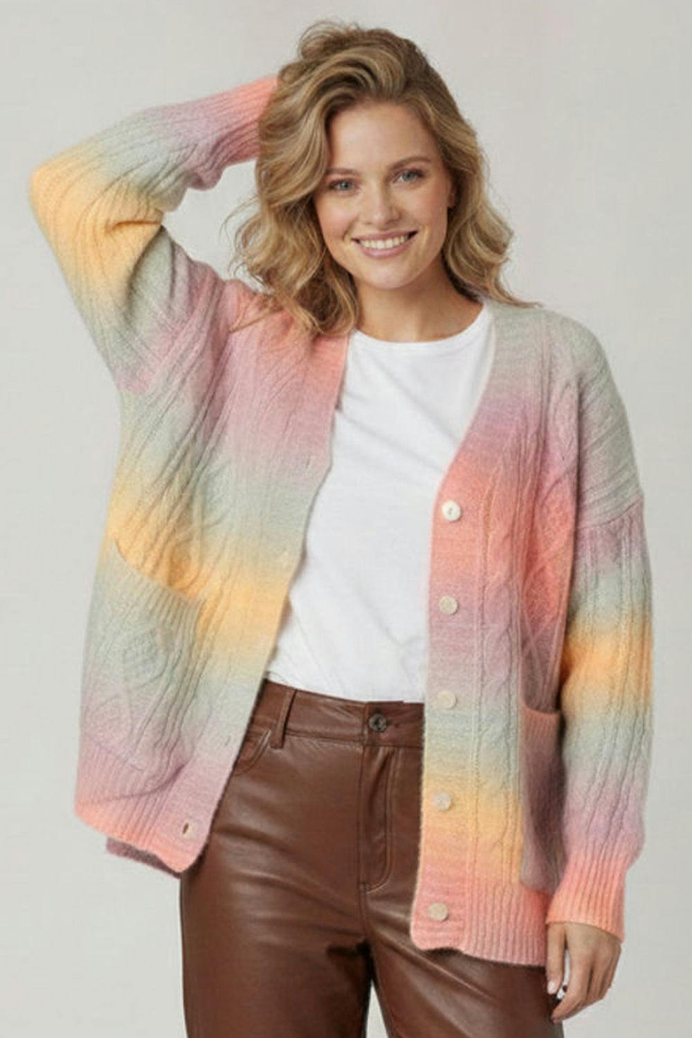 Izabel London Pink Striped Cable Knit Relaxed Cardigan - S/M