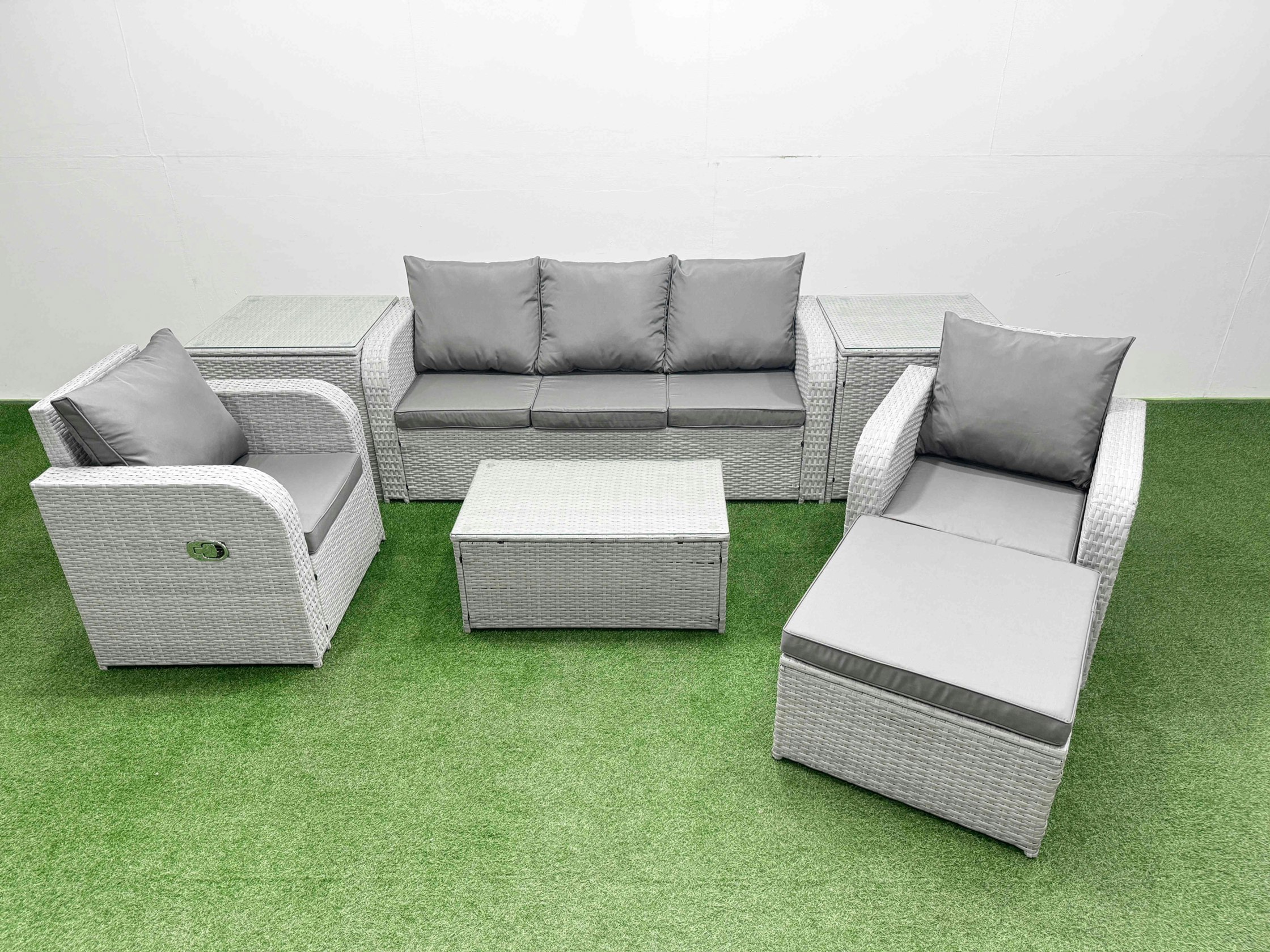 Rackhams Light/Grey Pe Rattan Garden Furniture Set Reclining Chair Sofa Lounge Sofa Set Oblong Coffee Table 2 Side Table Big Footstool