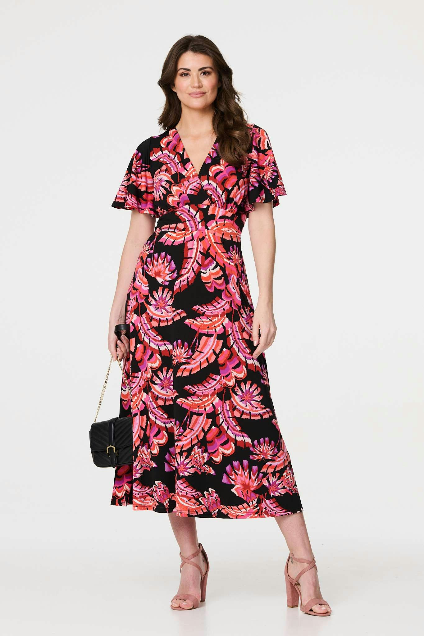 Izabel London Black Printed Angel Sleeve Midi Dress - 12