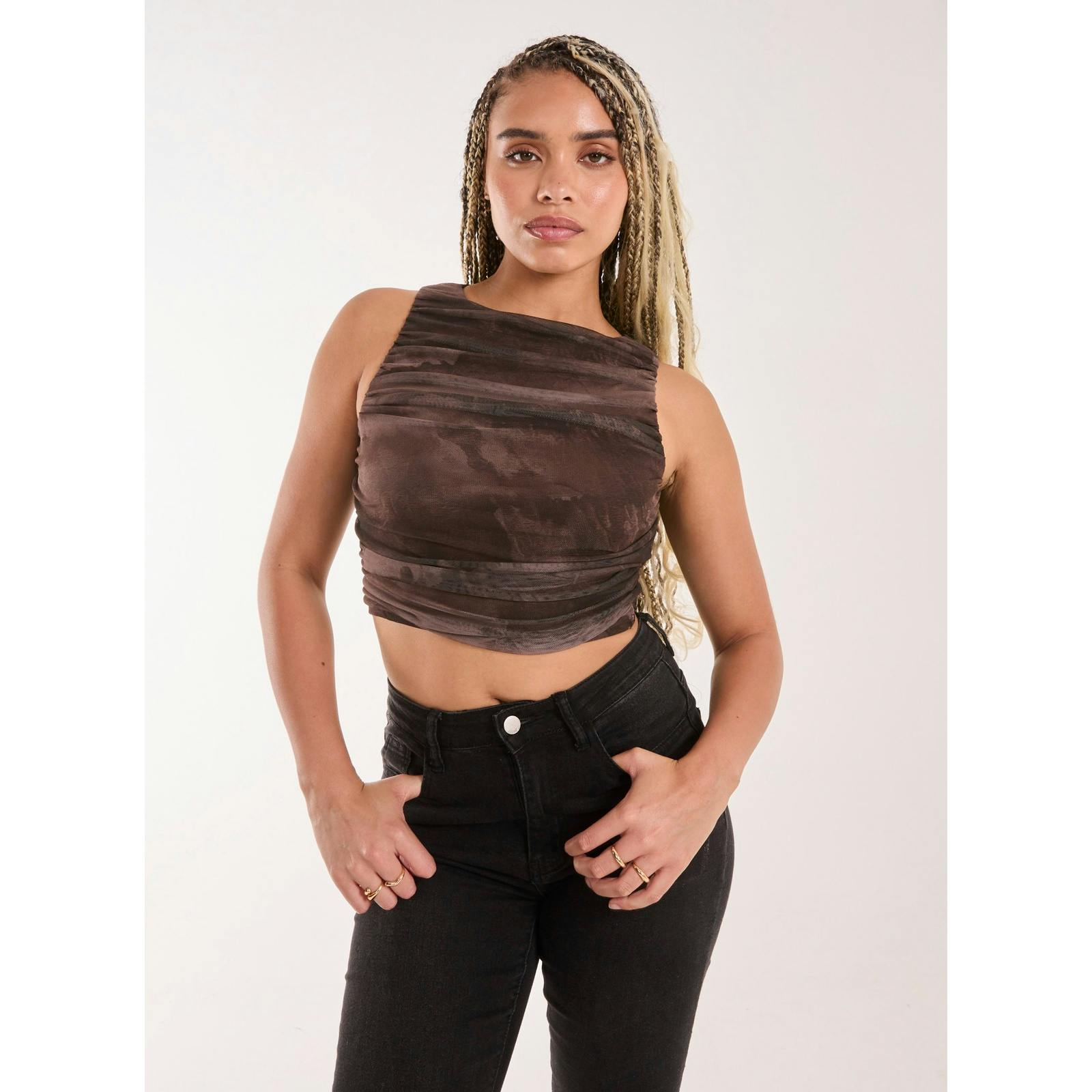 Pink Vanilla Pink/Brown Vanilla Ruched Racer Top - M