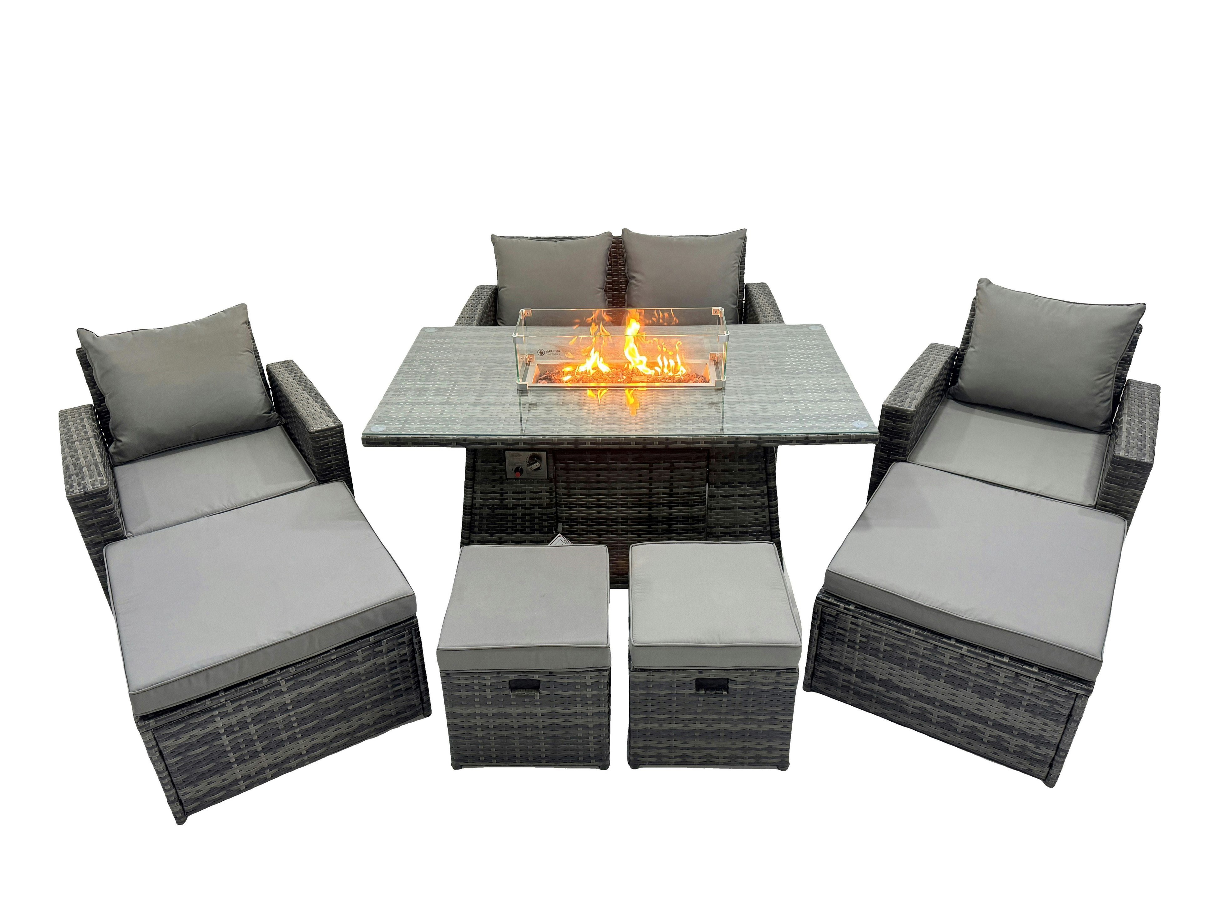 Rackhams Dark/Grey 8 Seater Rattan Garden Furniture Set With Gas Fire Pit Dining Table, Sofa, 2 Chairs & 3 Footstools
