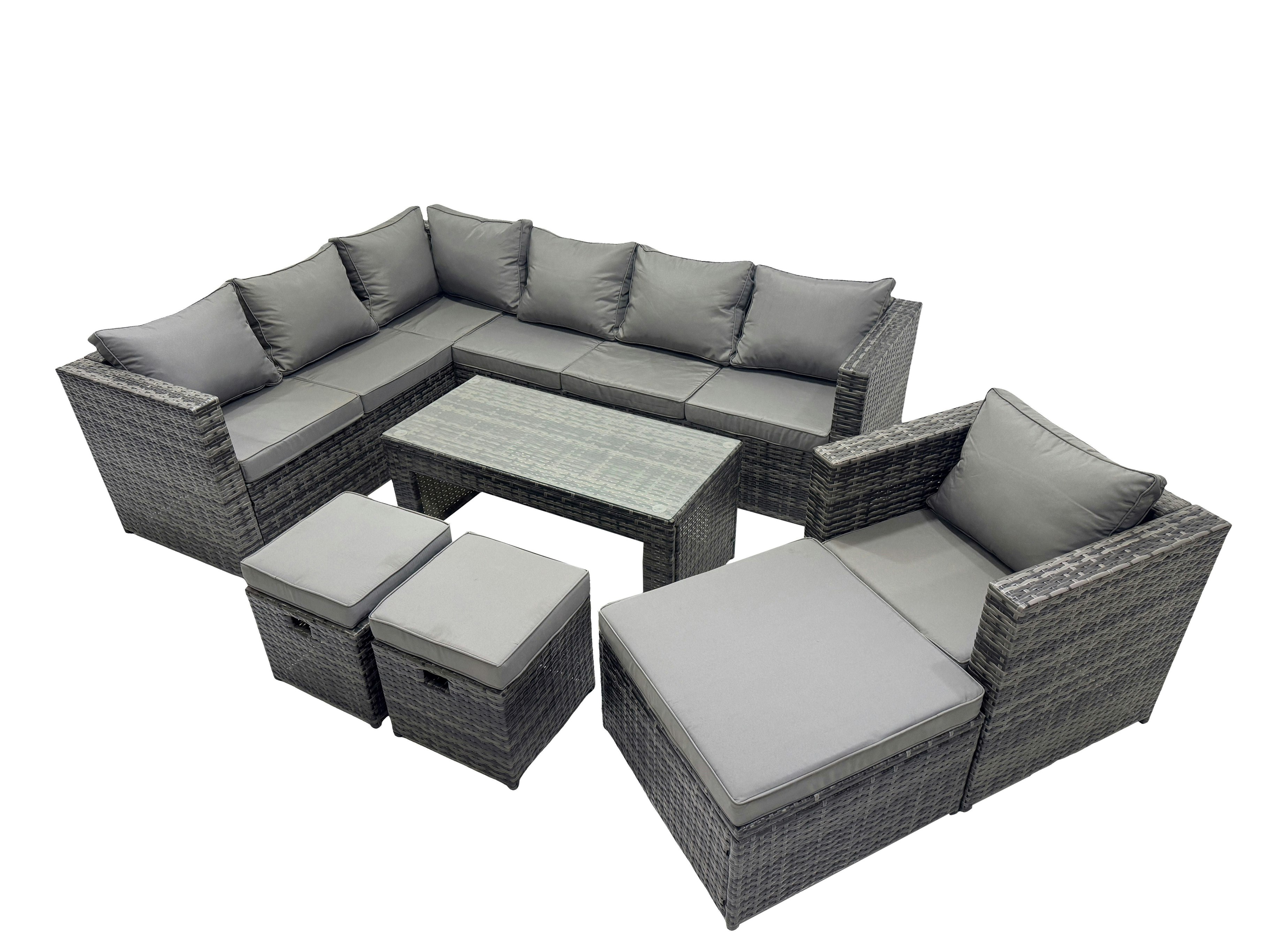 Rackhams Dark/Grey 7 Pieces Outdoor Pe Rattan Garden Furniture Corner Sofa Oblong Coffee Table Set With Cushions 3 Footstools Mixed