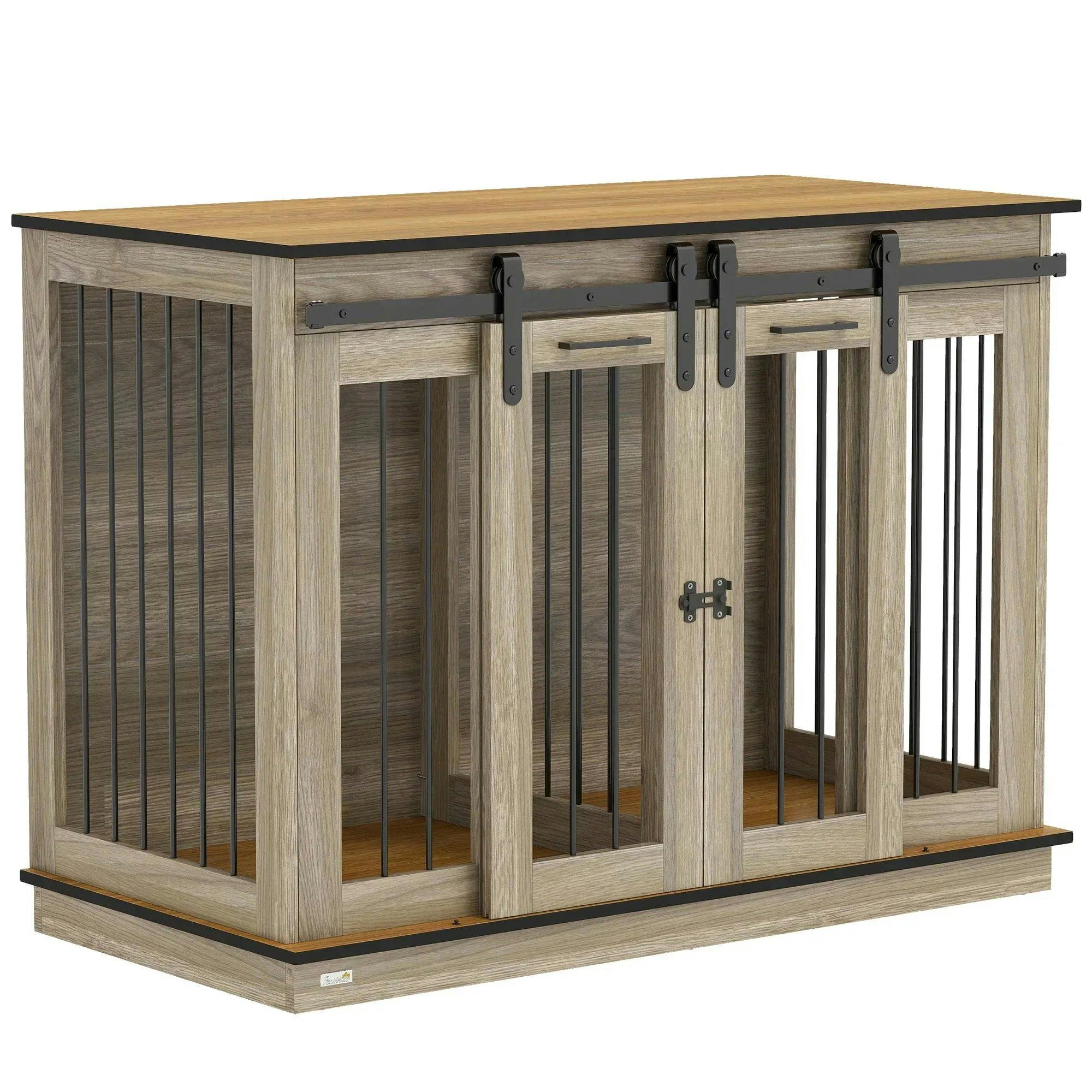 Pawhut Brown Dog Crate Furniture For Large Dog, Double Dog Cage W/ Divider In - Image 6