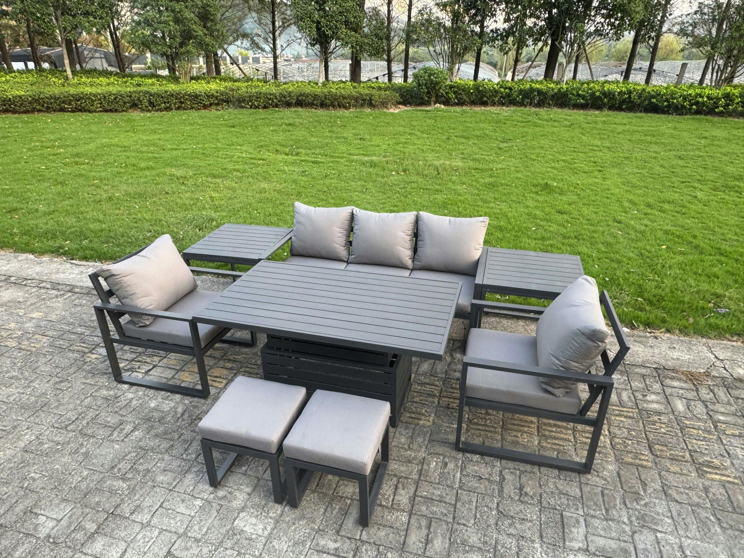 Fimous Dark/Grey 7 Seater Aluminium Garden Furniture Set With Adjustable Rising Dining Table, 2 Chairs, 2 Footstools, 2 Side Tables