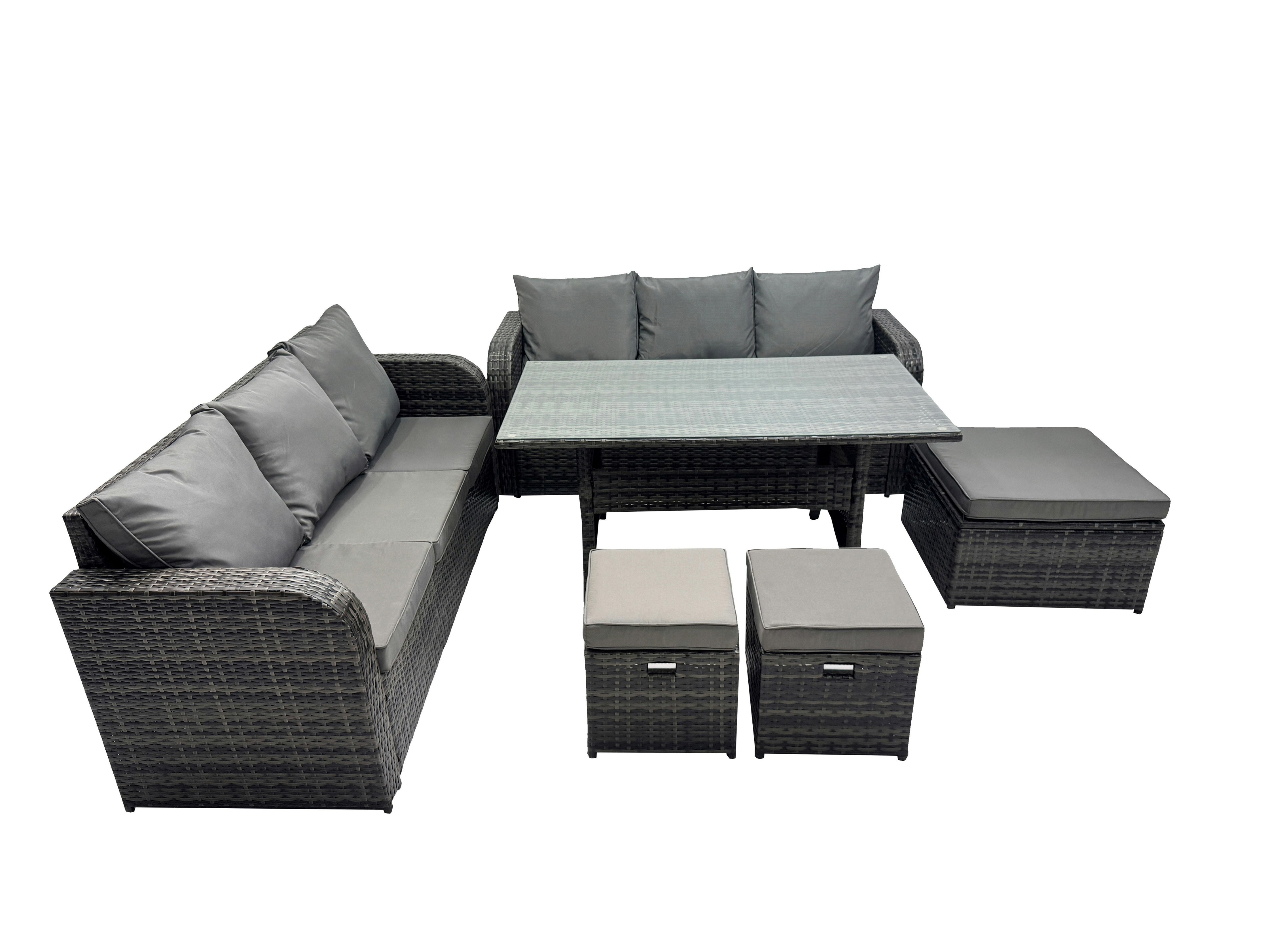 Rackhams Dark/Grey 9 Seat Outdoor Wicker Pe Rattan Garden Furniture Set Dining Table Sofa Set With 3 Stools Mixed