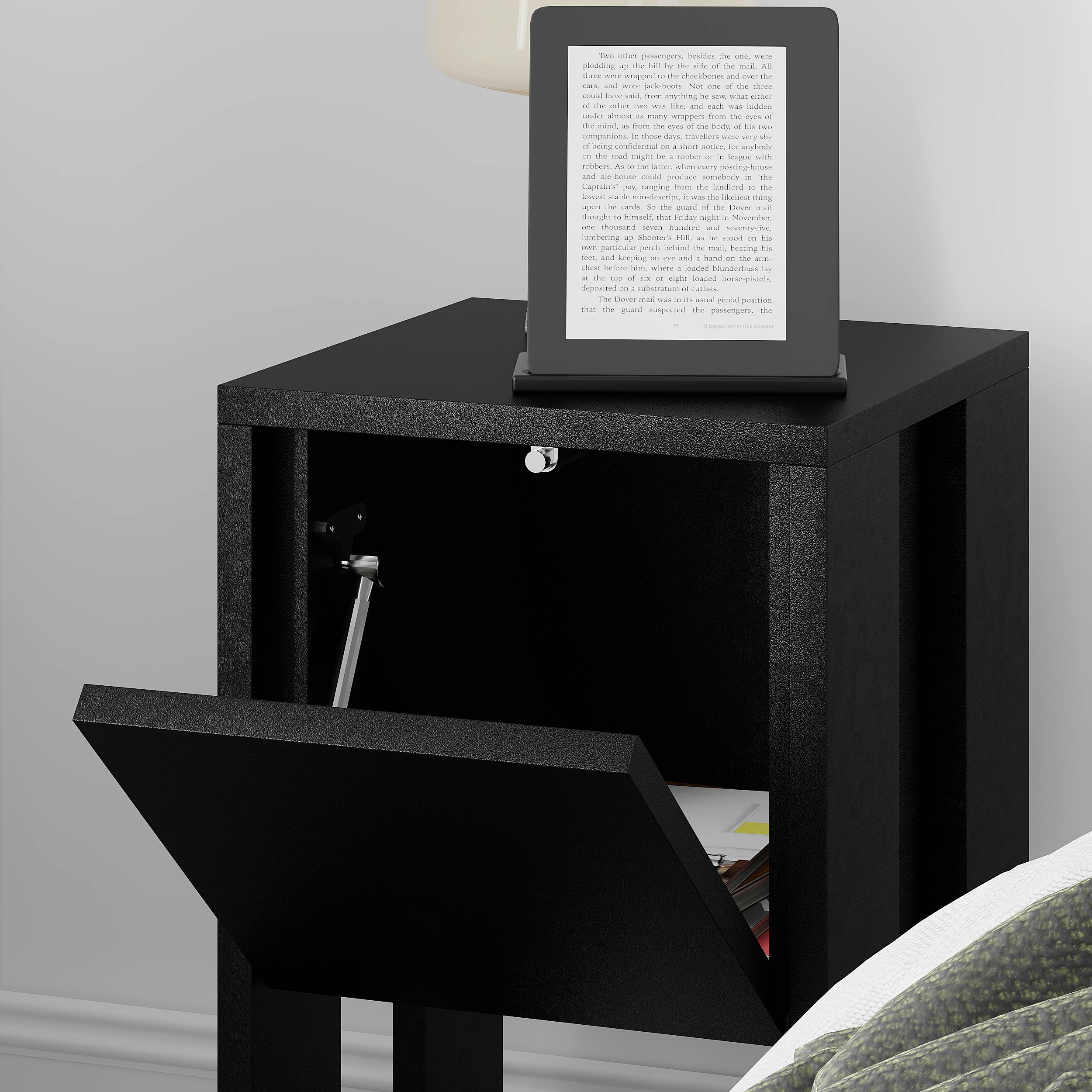 Rackhams Black Ema Modern Bedside Table With Storage Drop-Door Cabinet 30Cm Width - Bute