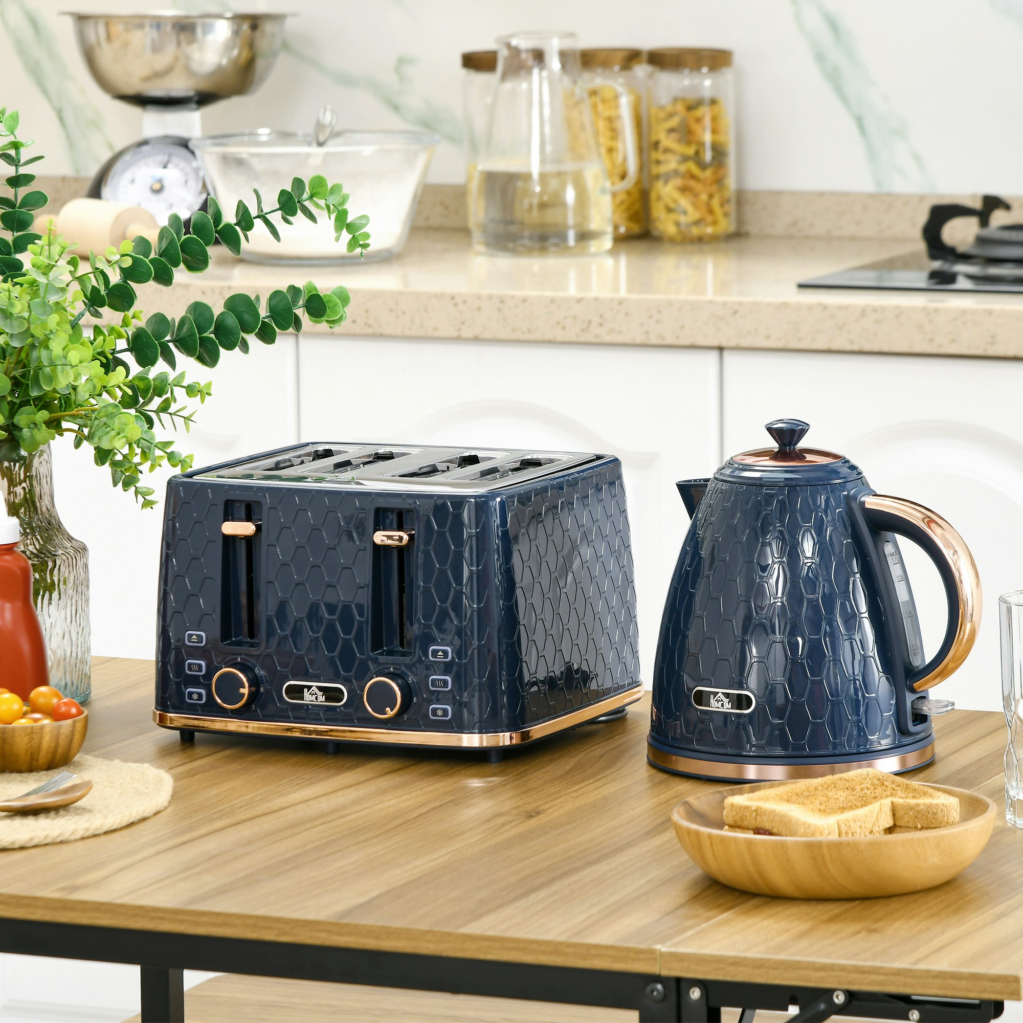 Homcom Blue 1.7L Kettle And Toaster Set With Defrost Reheat And Crumb Tray - 24.2L X 19.5W X 23.4Hcm