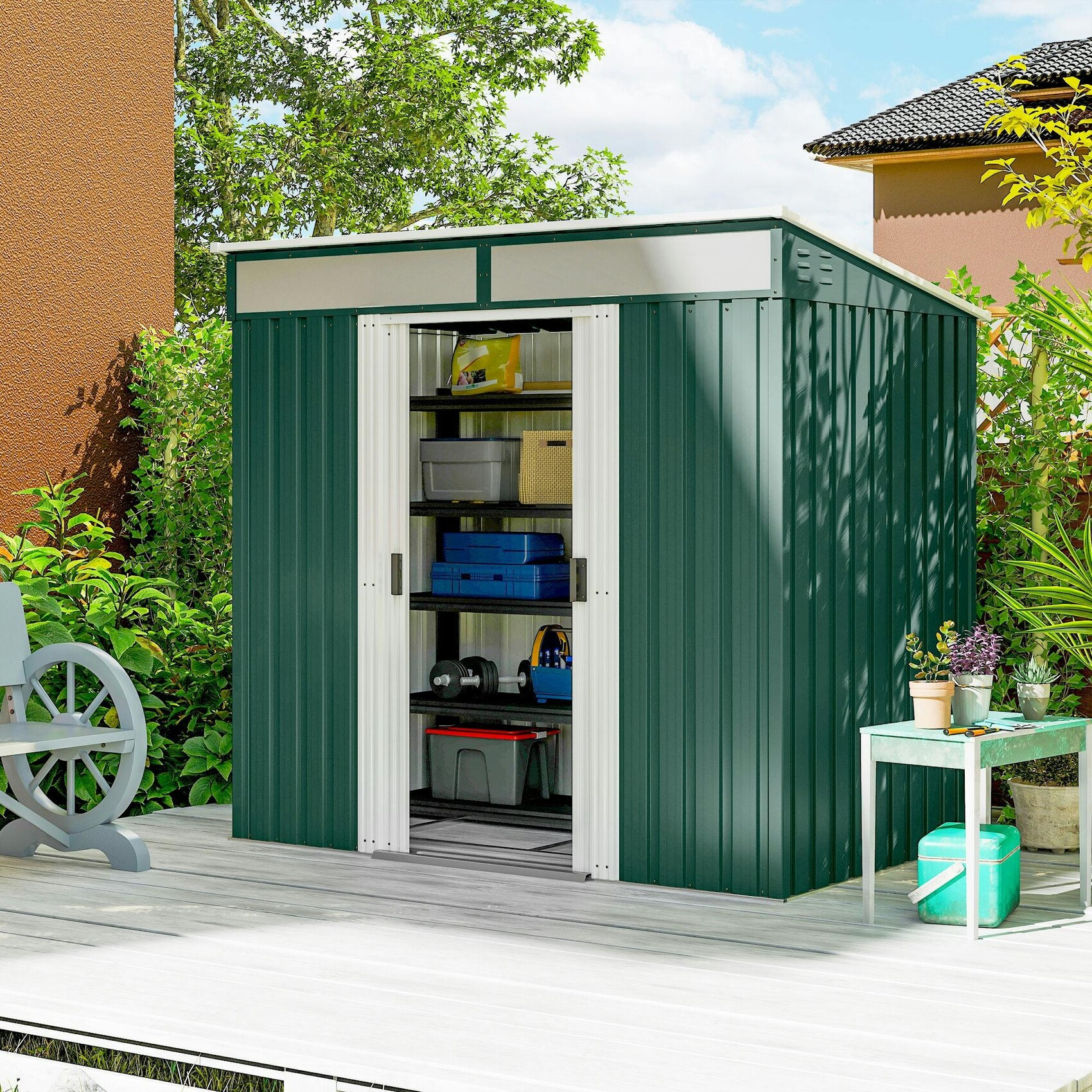 Outsunny 6.5x4FT Garden Shed Lockable Metal Tool Shed Green - Image 3